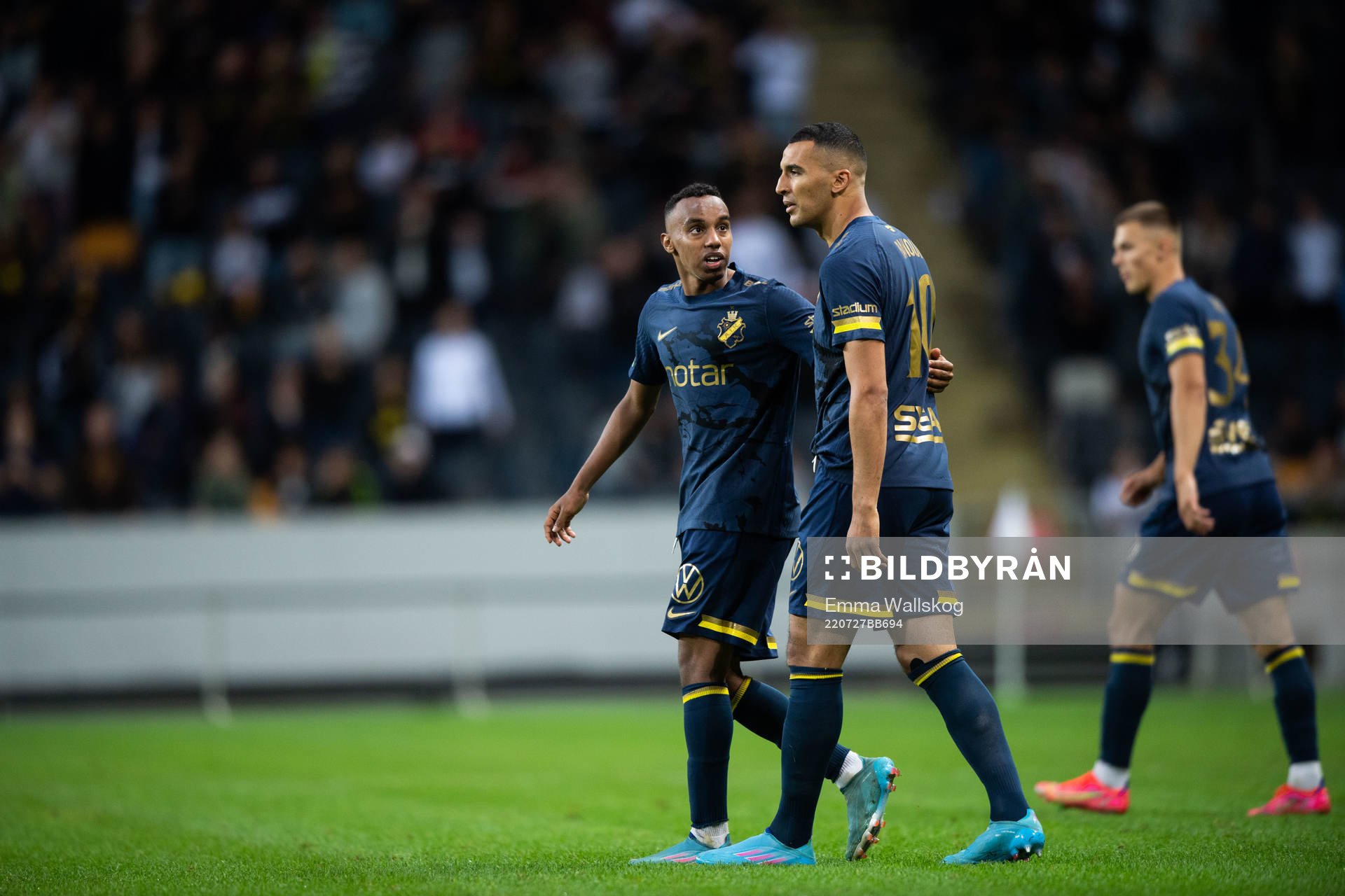 Bilal Hussein of AIK and Nabil Bahoui of AIK during the UEFA Europa Conference League qualifying match between AIK and Vorskla Poltava on July 27, 2022 in Stockholm.