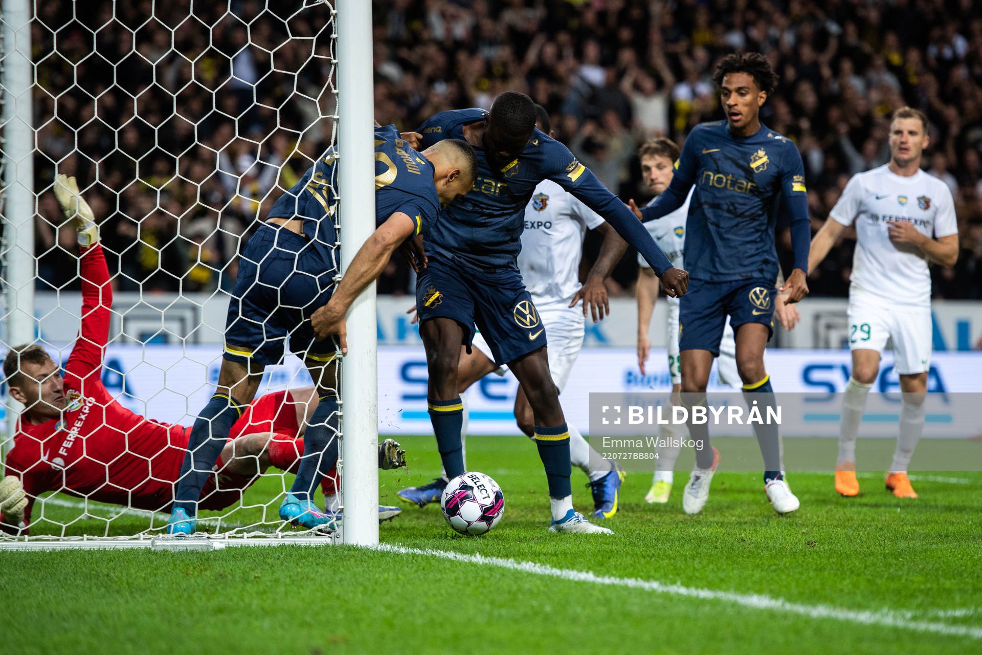 Nabil Bahoui, Benjamin Mbunga Kimpioka and Yasin Ayari of AIK during the UEFA Europa Conference League qualifying match between AIK and Vorskla Poltava on July 27, 2022 in Stockholm.