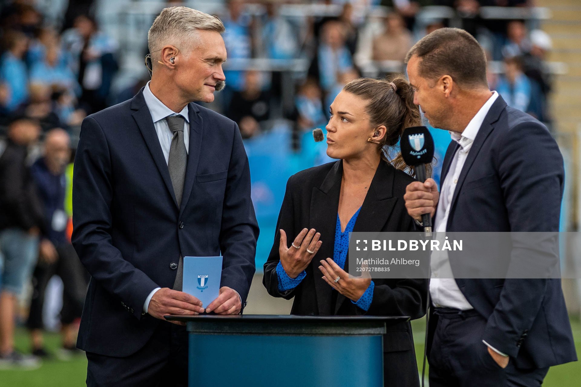 Mattias Larsson, Saga Fredriksson and Daniel Andersson, head of sports of Malmö FF in the studio ahead of the UEFA Champions League qualifying match between Malmö FF and Zalgiris Vilnius on July 27, 2022 in Malmö.