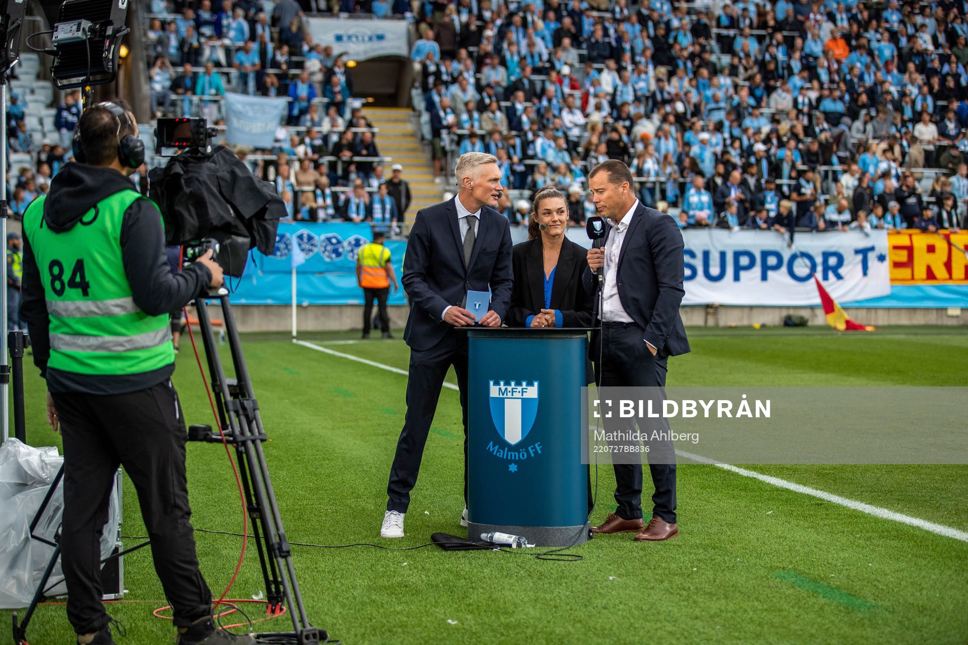Mattias Larsson, Saga Fredriksson and Daniel Andersson, head of sports of Malmö FF in the studio ahead of the UEFA Champions League qualifying match between Malmö FF and Zalgiris Vilnius on July 27, 2022 in Malmö. 