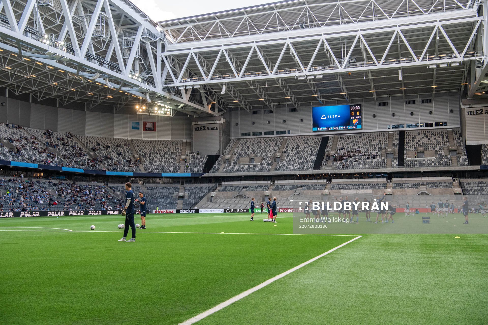Interior view of Tele2 Arena while players of Djurgården warm up ahead of the UEFA Europa Conference League qualifying match between Djurgården and Rijeka on July 28, 2022 in Stockholm.