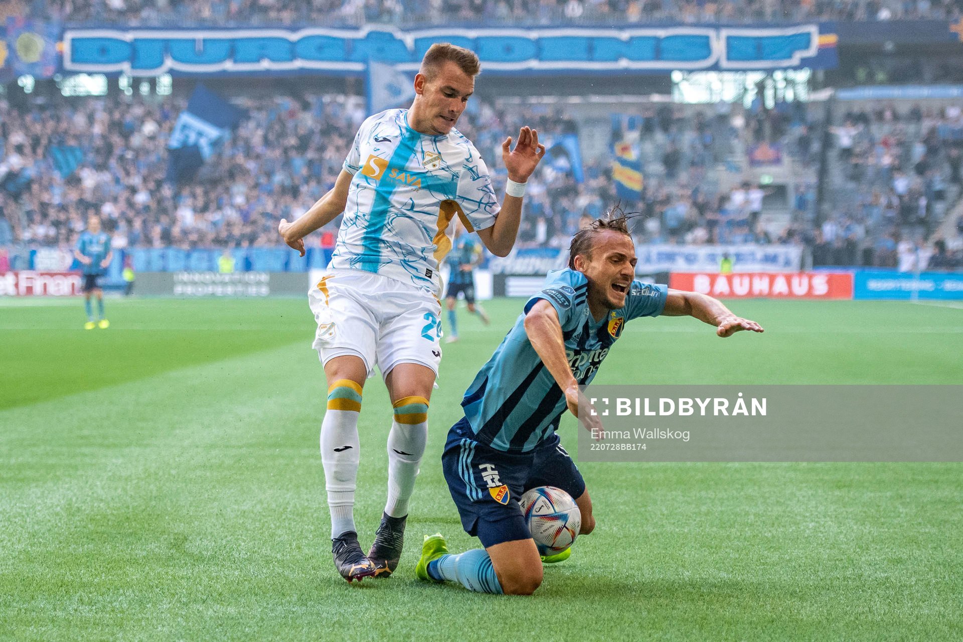 Matija Frigan of Rijeka and Pierre Bengtsson of Djurgården during the UEFA Europa Conference League qualifying match between Djurgården and Rijeka on July 28, 2022 in Stockholm.