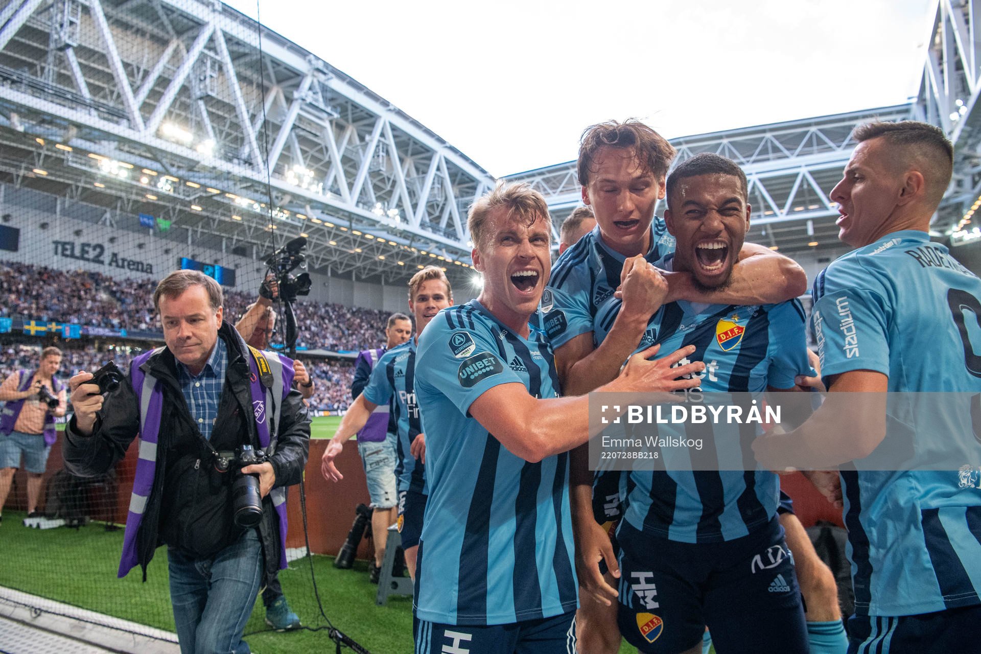 Rasmus Schüller, Hjalmar Ekdal, Isak Hien and Haris Radetinac of Djurgården celebrate 1-0 during the UEFA Europa Conference League qualifying match between Djurgården and Rijeka on July 28, 2022 in Stockholm.
