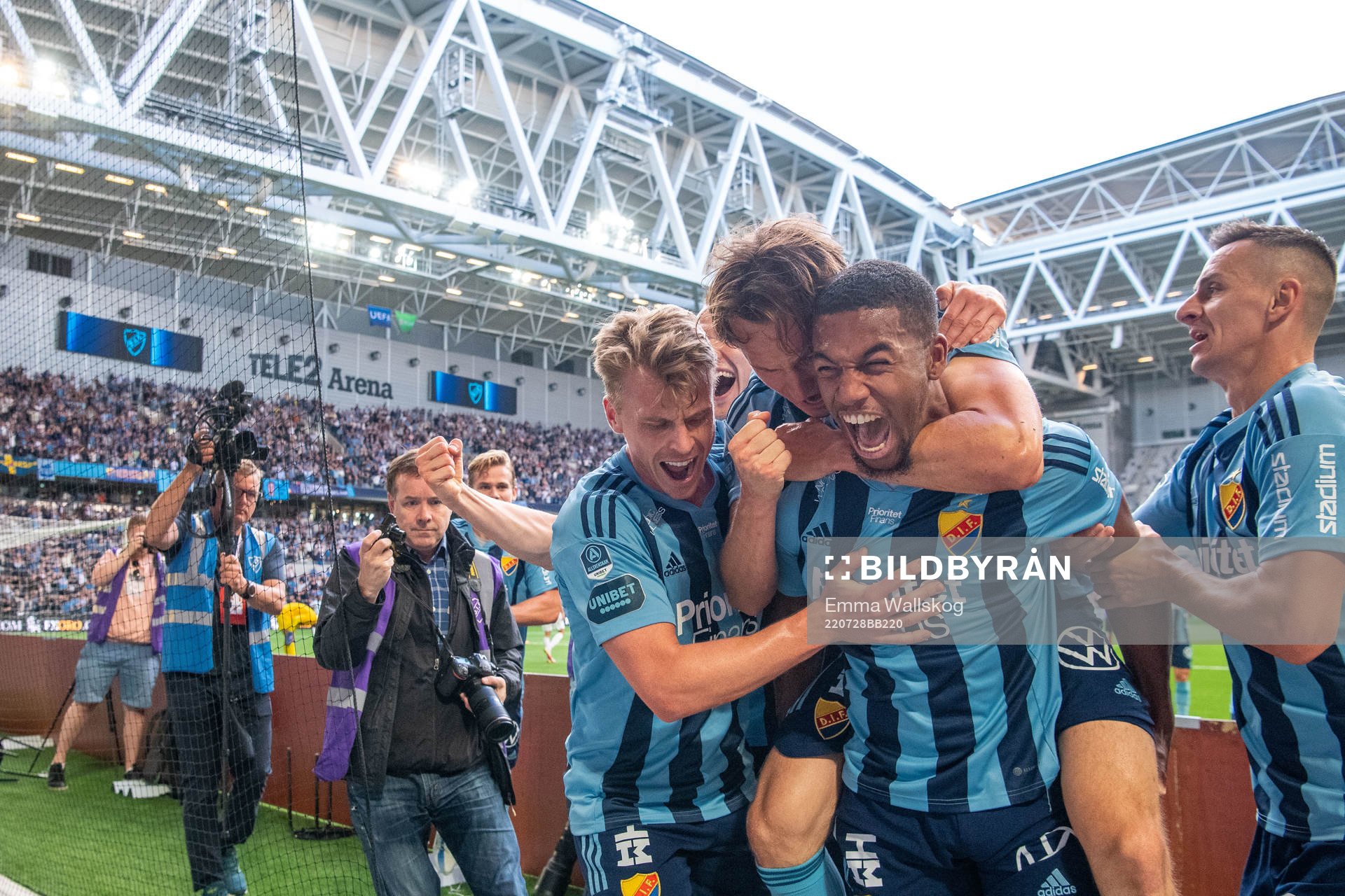 Rasmus Schüller, Hjalmar Ekdal and Isak Hien of Djurgården celebrate 1-0 during the UEFA Europa Conference League qualifying match between Djurgården and Rijeka on July 28, 2022 in Stockholm.