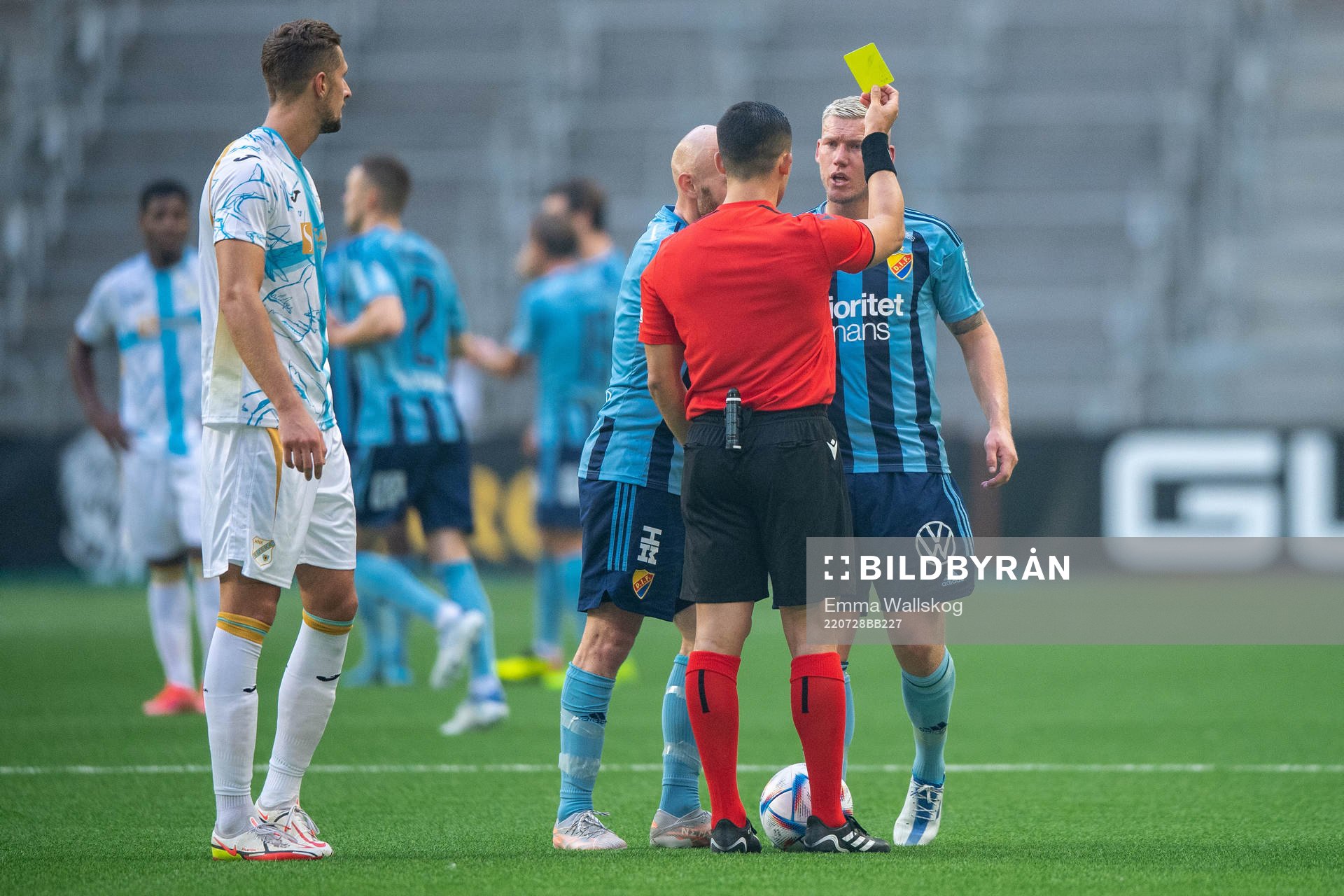 Victor Edvardsen of Djurgården gets a yellow card