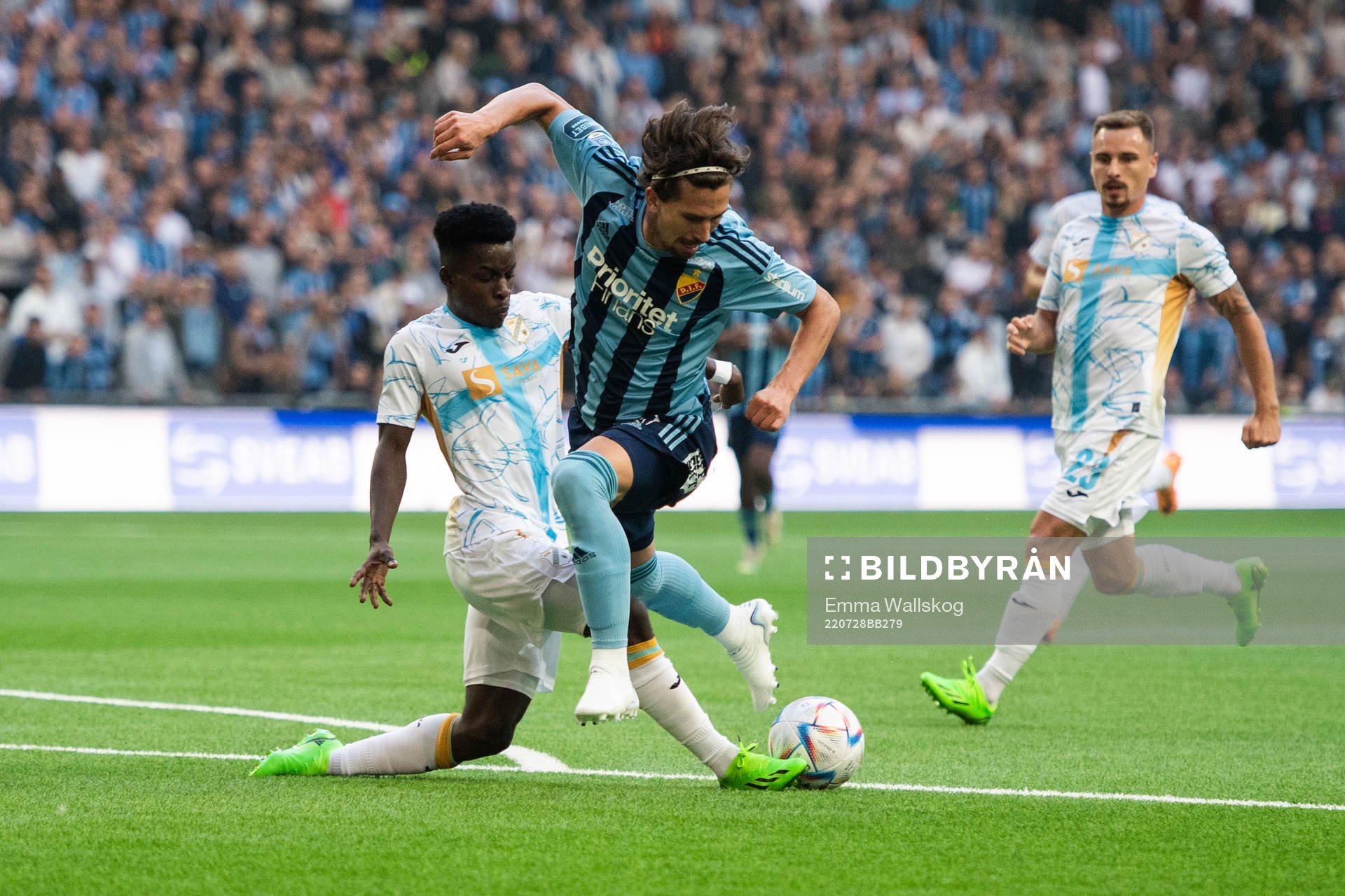 Gustav Wikheim of Djurgården and Prince Ampem of Rijeka during the UEFA Europa Conference League qualifying match between Djurgården and Rijeka on July 28, 2022 in Stockholm.