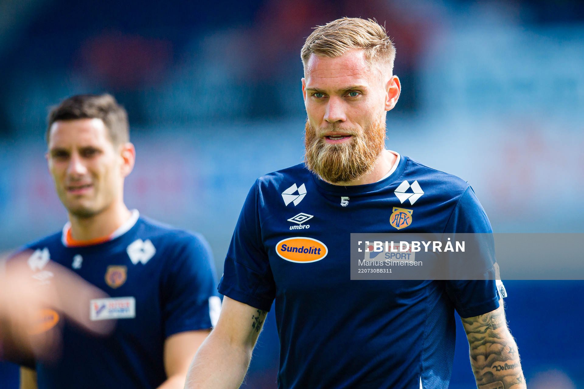 David Thomas Fällman of Aalesund warms up ahead of the Eliteserien match between Aalesund and Bodø/Glimt on July 30, 2022 in Ålesund.
