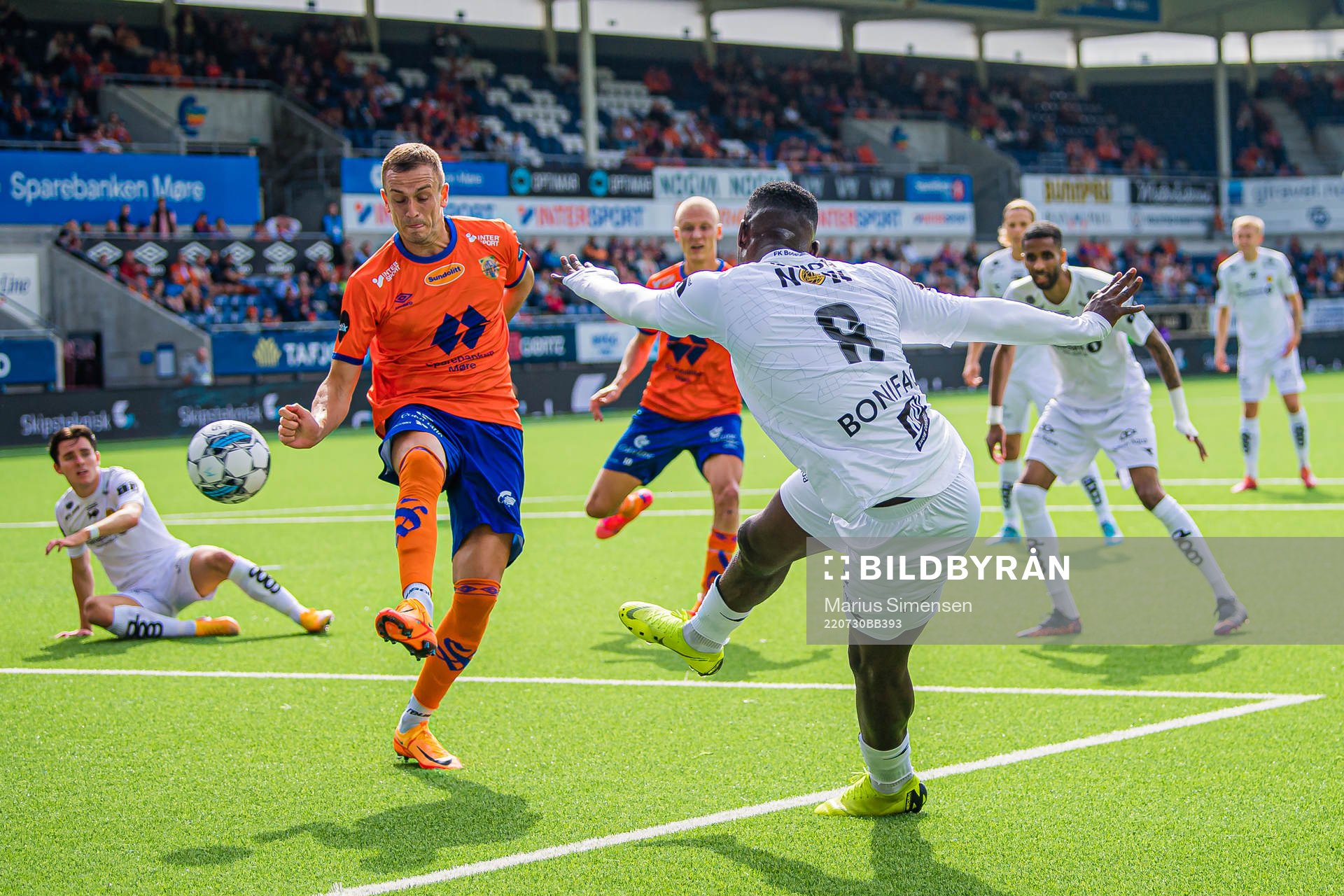 Victor Okoh Boniface of Bodø/Glimt during the Eliteserien match between Aalesund and Bodø/Glimt on July 30, 2022 in Ålesund.