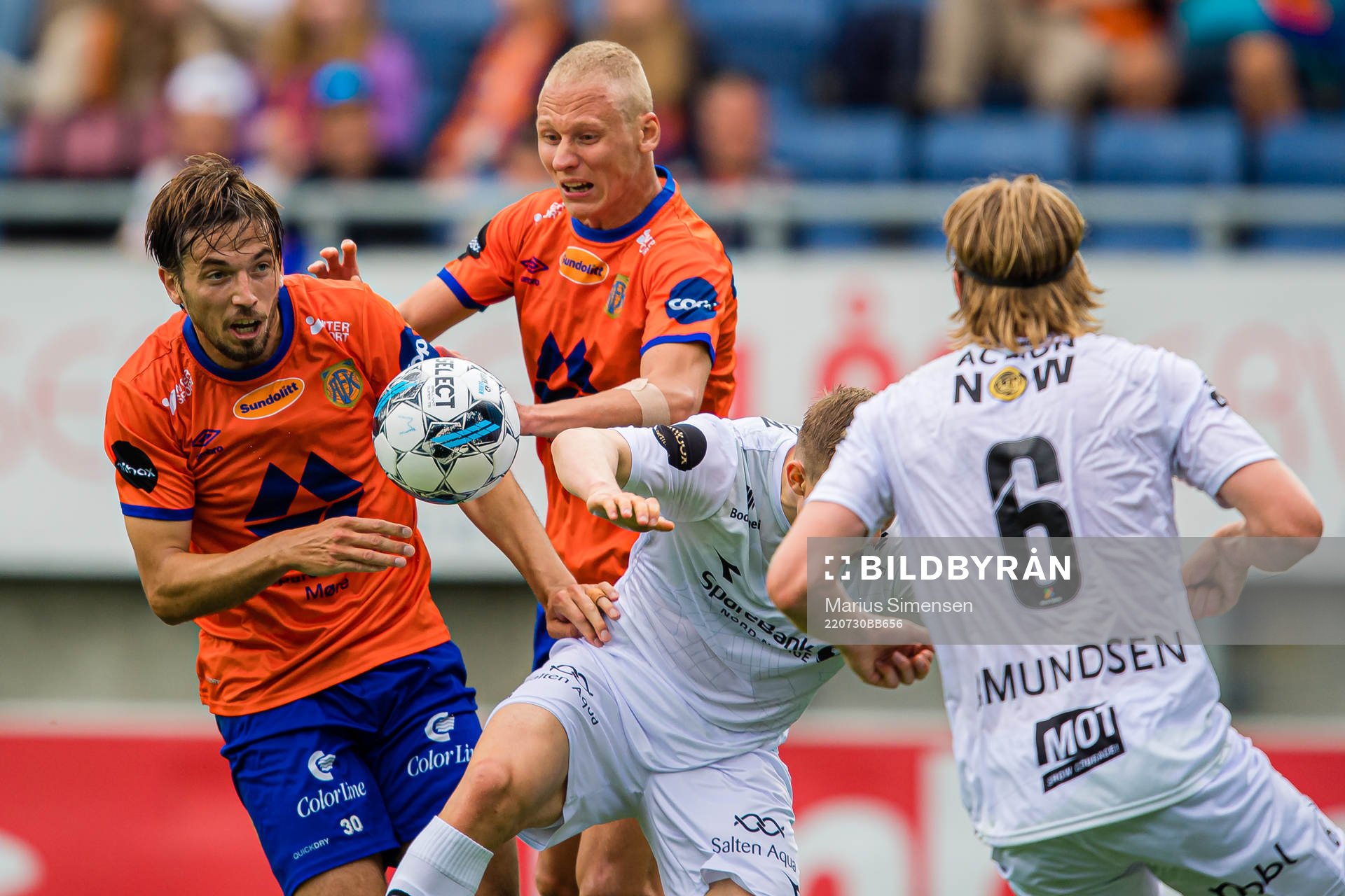 Alexander Juel Andersen and Kristoffer Ramos Barmen of Aalesund during the Eliteserien match between Aalesund and Bodø/Glimt on July 30, 2022 in Ålesund.