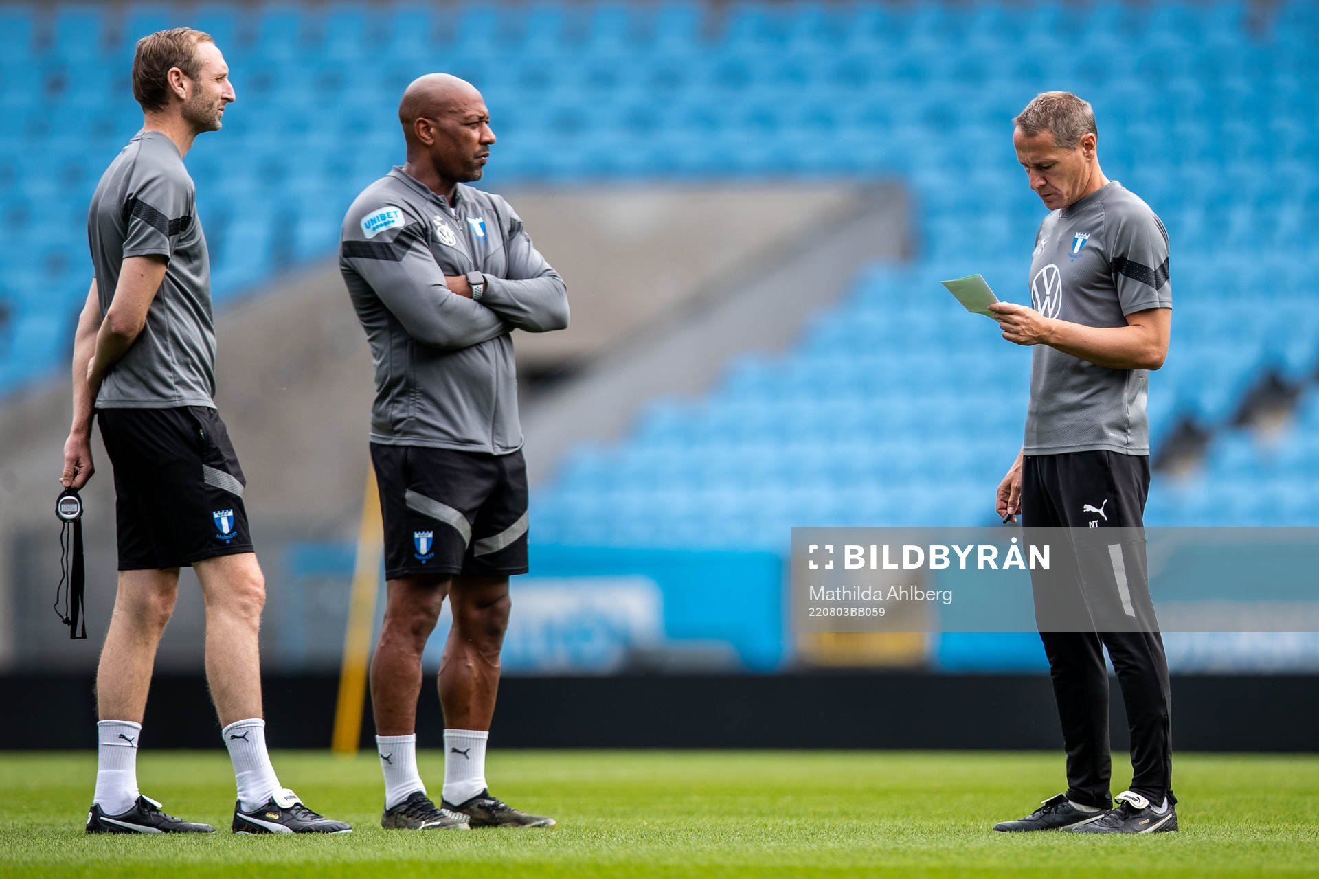 Andreas Georgson, head coach and sport director, assistant coach Jeffrey Aubynn and assistant coach Nikola Trajkovic during a training session with Malmö FF on August 3, 2022 in Malmö.