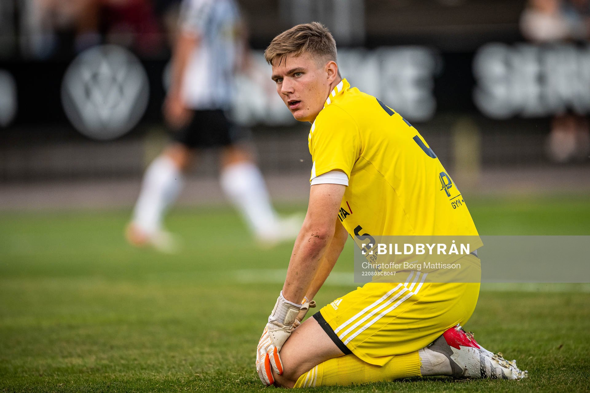 Skövdes målvakt David Engelbrektsson under fotbollsmatchen i Superettan mellan Landskrona och Skövde AIK den 3 augusti 2022 i Landskrona.