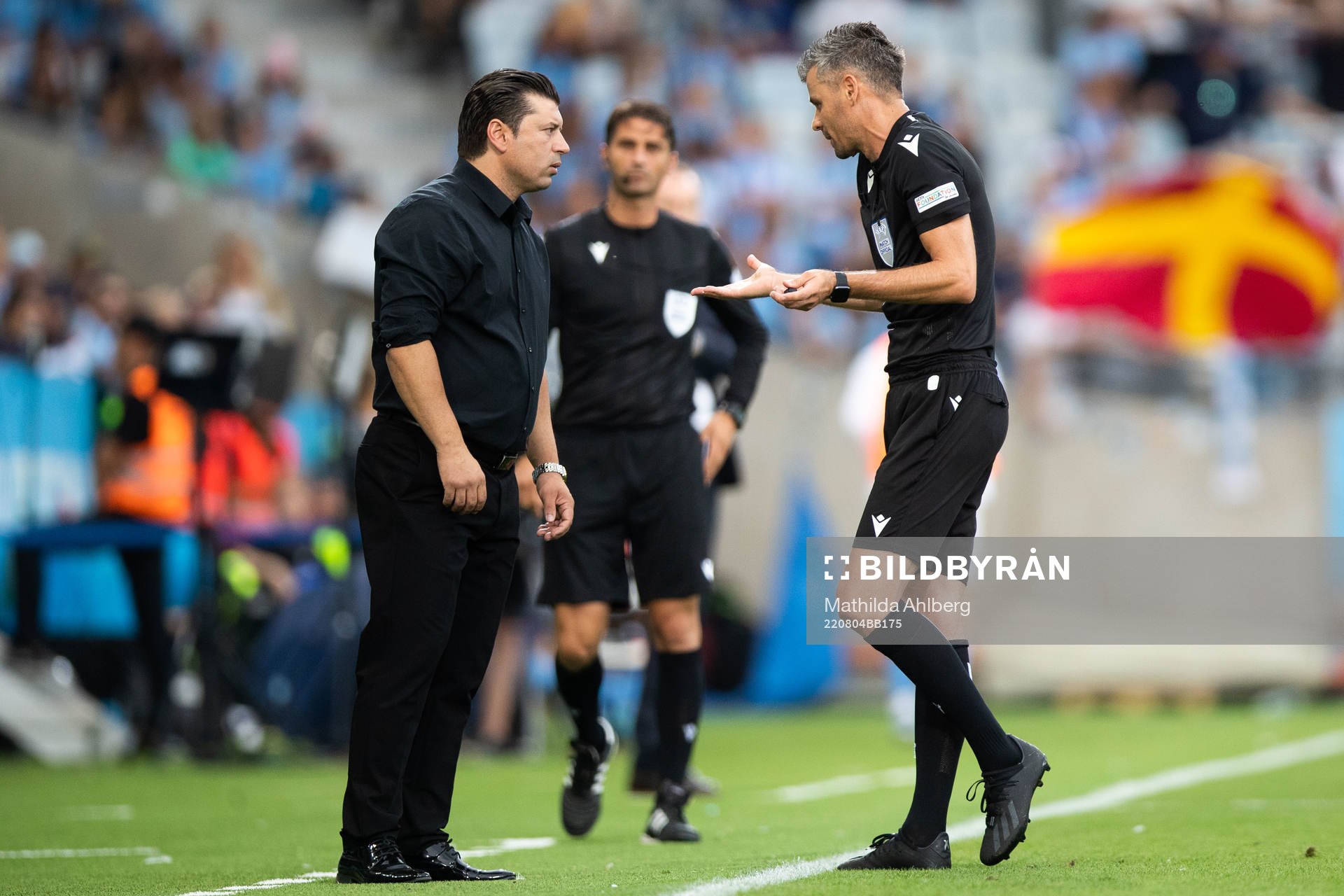 Carlos Fangueiro, head coach of Diddeleng in discussion with referee Enea Jorgji during the UEFA Europa League qualification match between Malmö FF and Diddeleng on August 4, 2022 in Malmö.