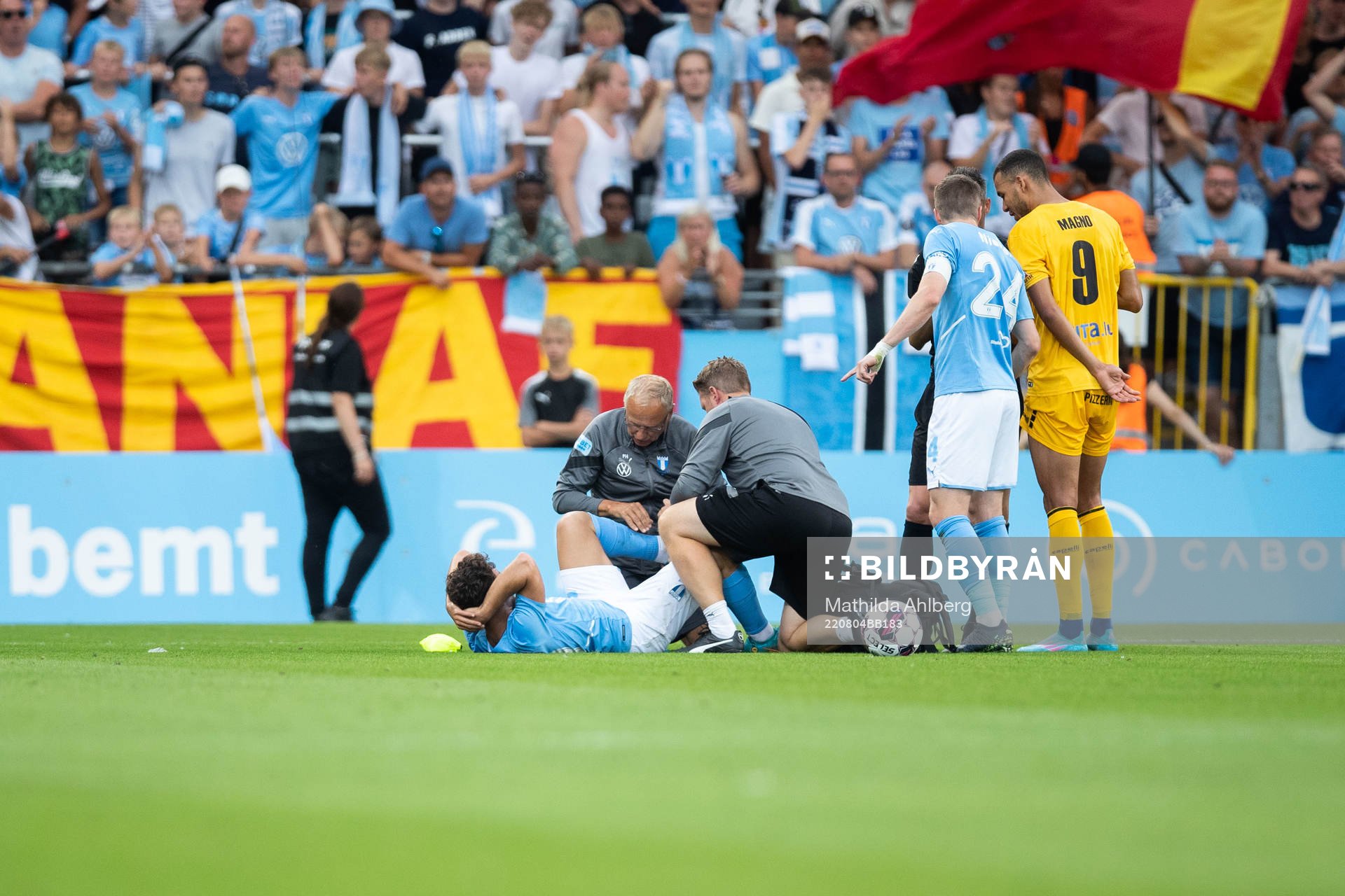 Moustafa Zeidan of Malmö FF receives medical treatment