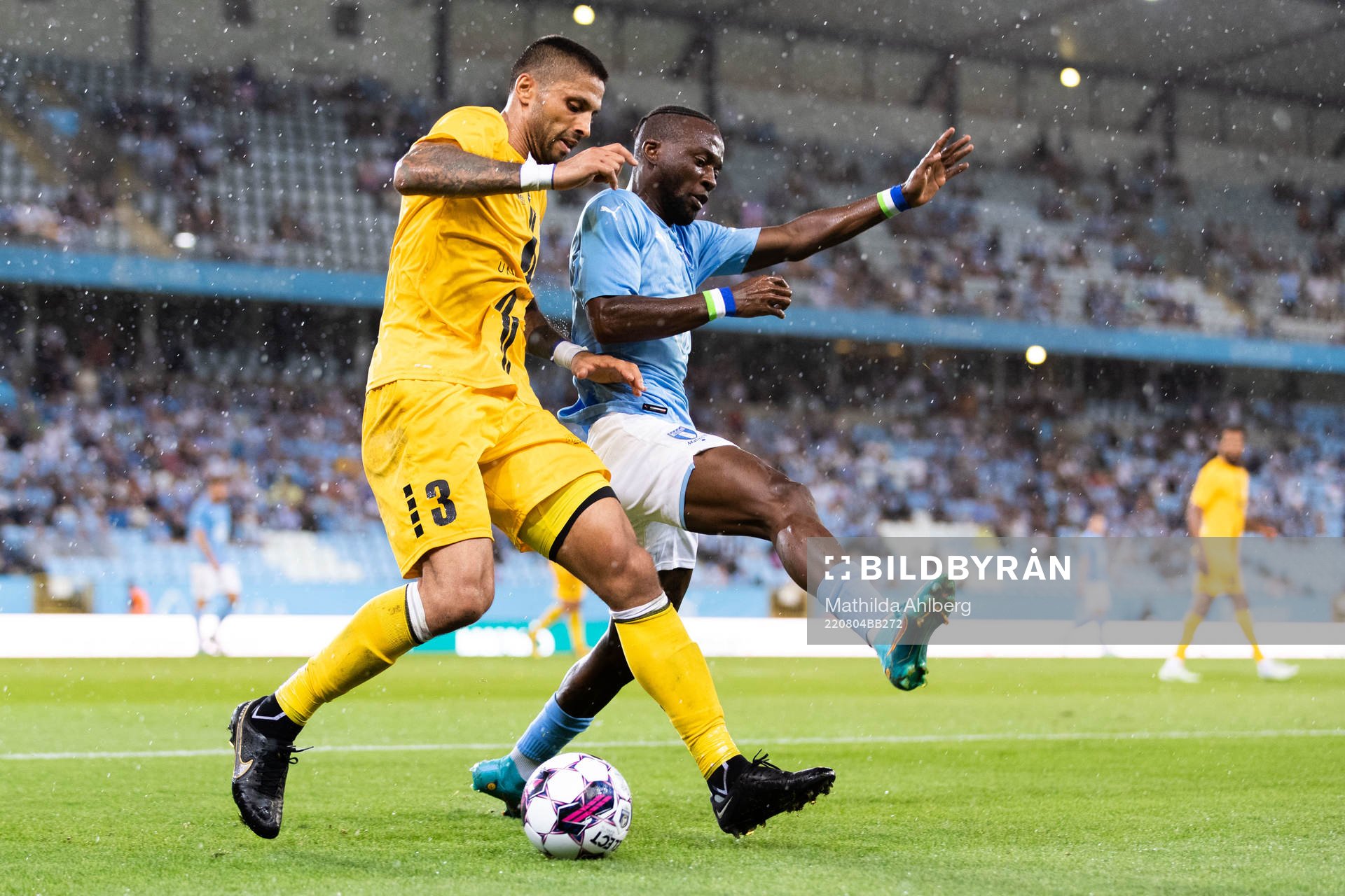 Manuel da Costa of Diddeleng and Muhamed Buya Turay of Malmö FF during the UEFA Europa League qualification match between Malmö FF and Diddeleng on August 4, 2022 in Malmö.
