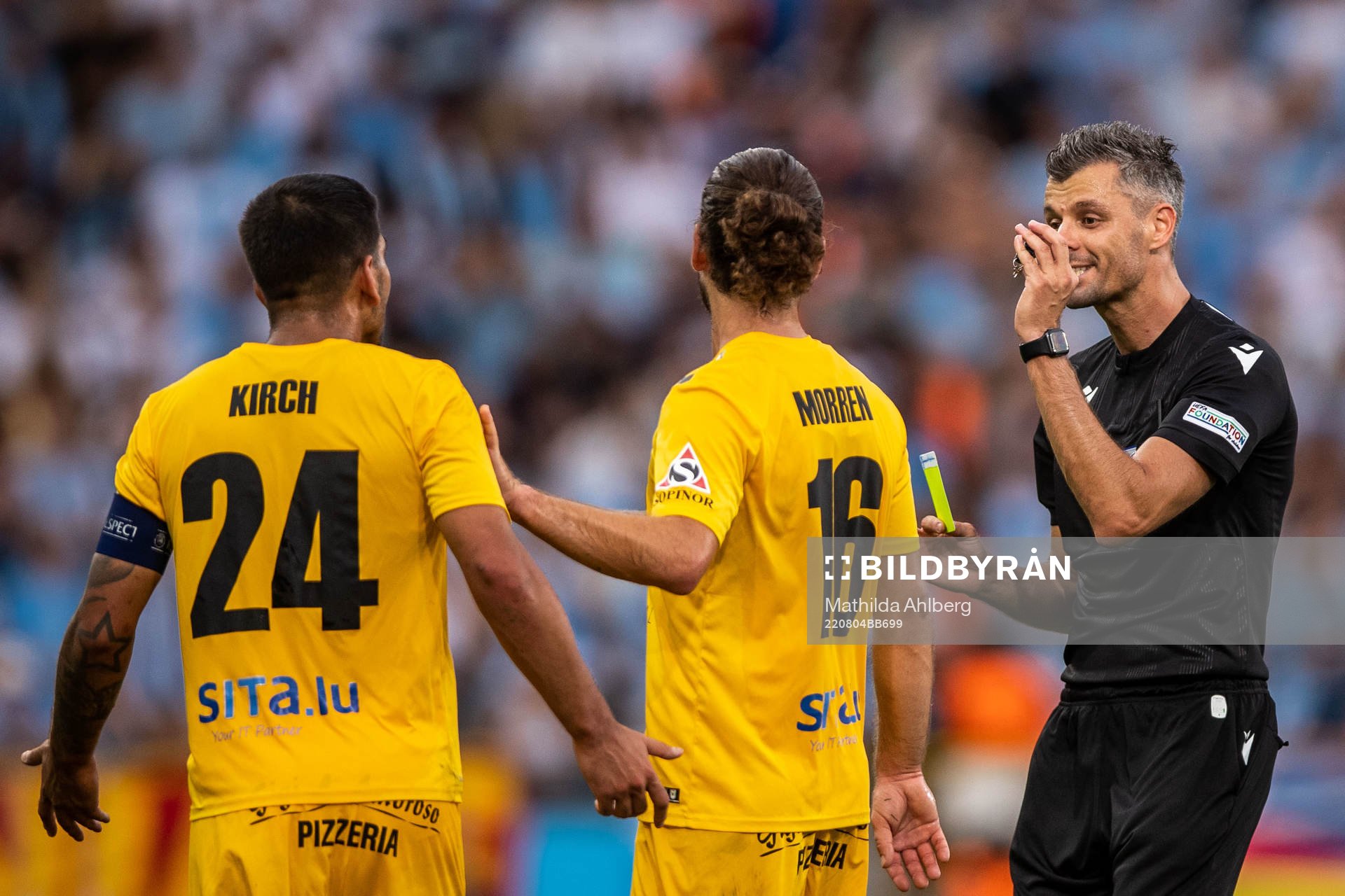 Referee Enea Jorgji during the UEFA Europa League qualification match between Malmö FF and Diddeleng on August 4, 2022 in Malmö.