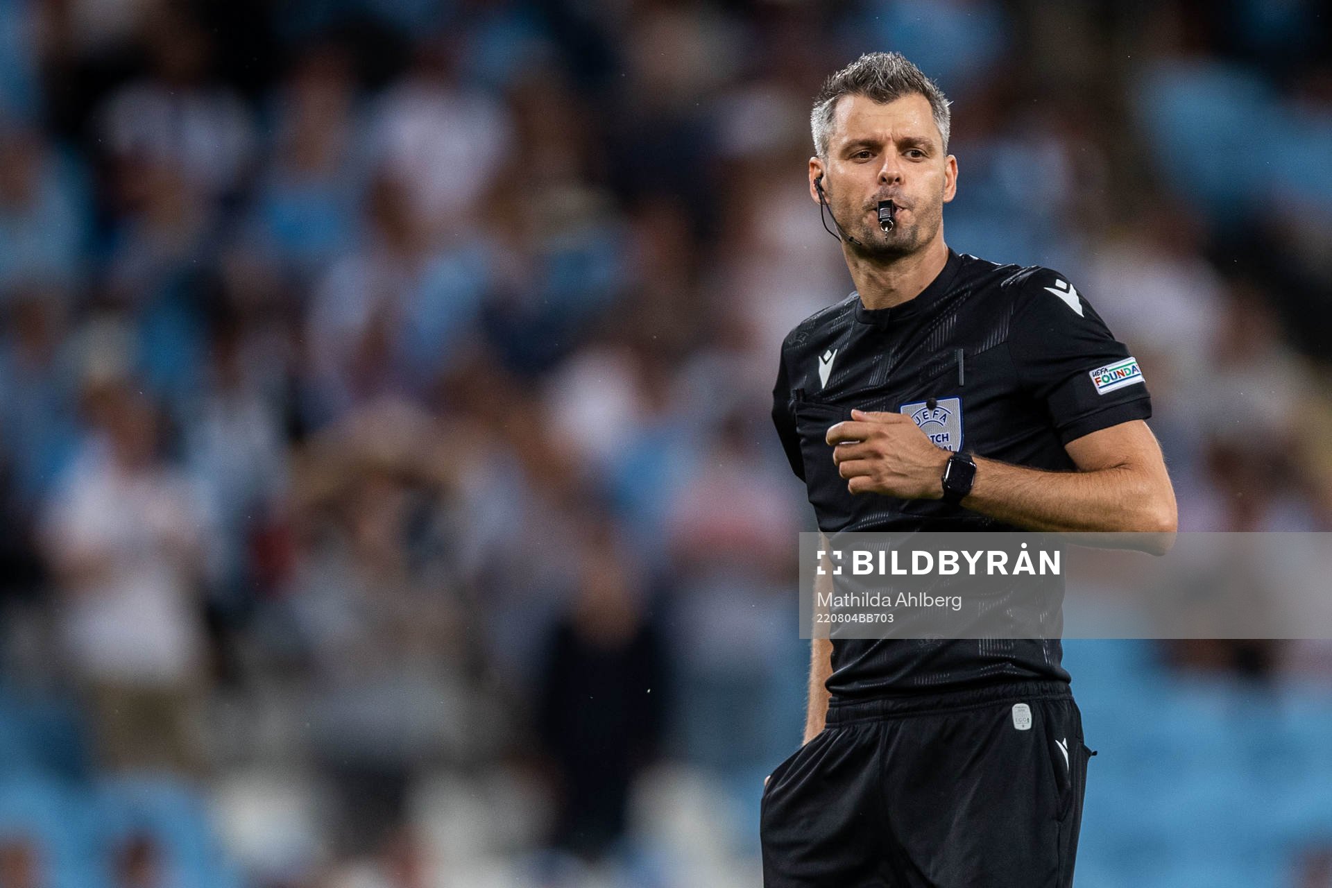 Referee Enea Jorgji during the UEFA Europa League qualification match between Malmö FF and Diddeleng on August 4, 2022 in Malmö.