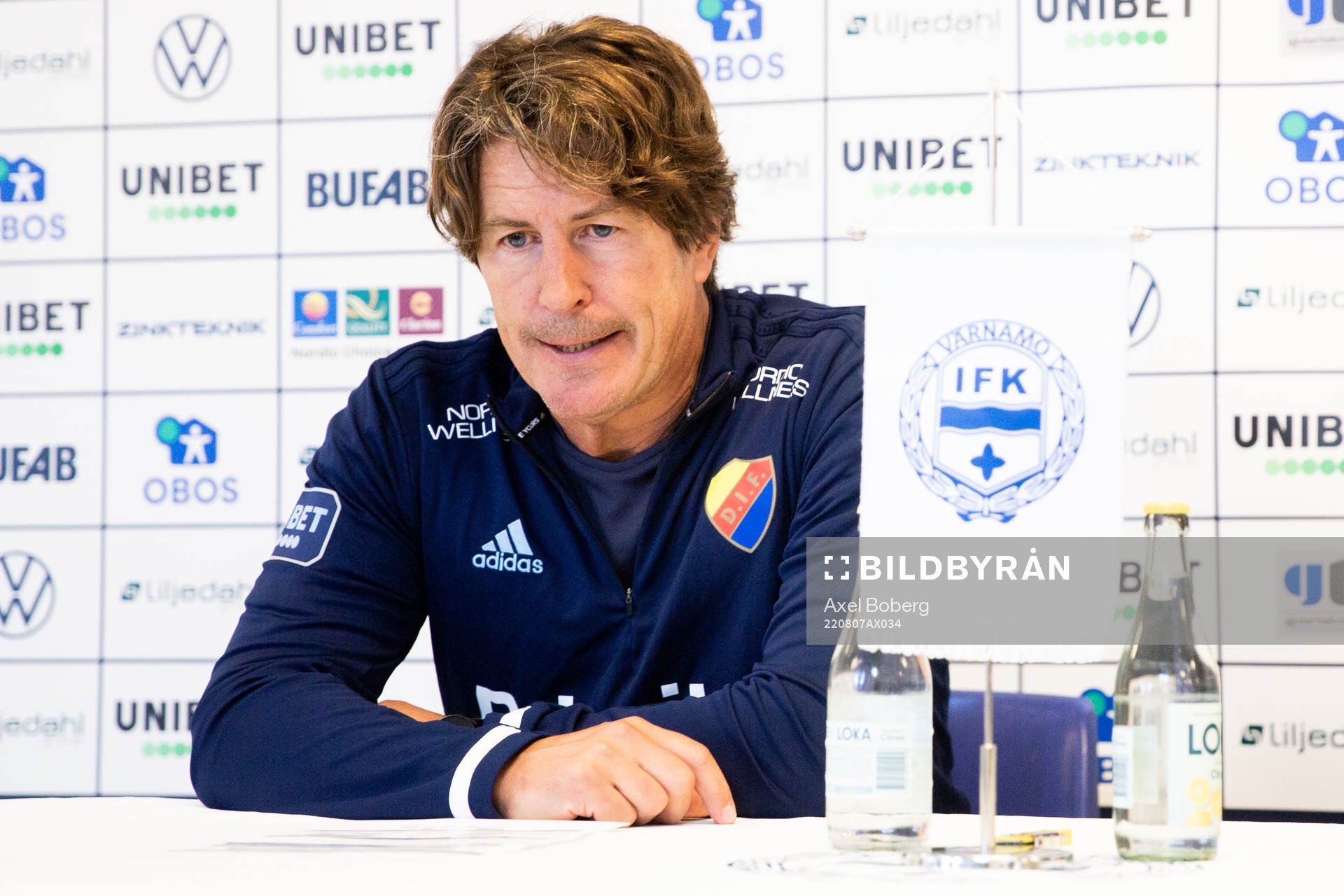 Djurgårdens tränare Thomas Lagerlöf under presskonferensen efter fotbollsmatchen i Allsvenskan mellan Värnamo och Djurgården den 7 augusti 2022 i Värnamo.