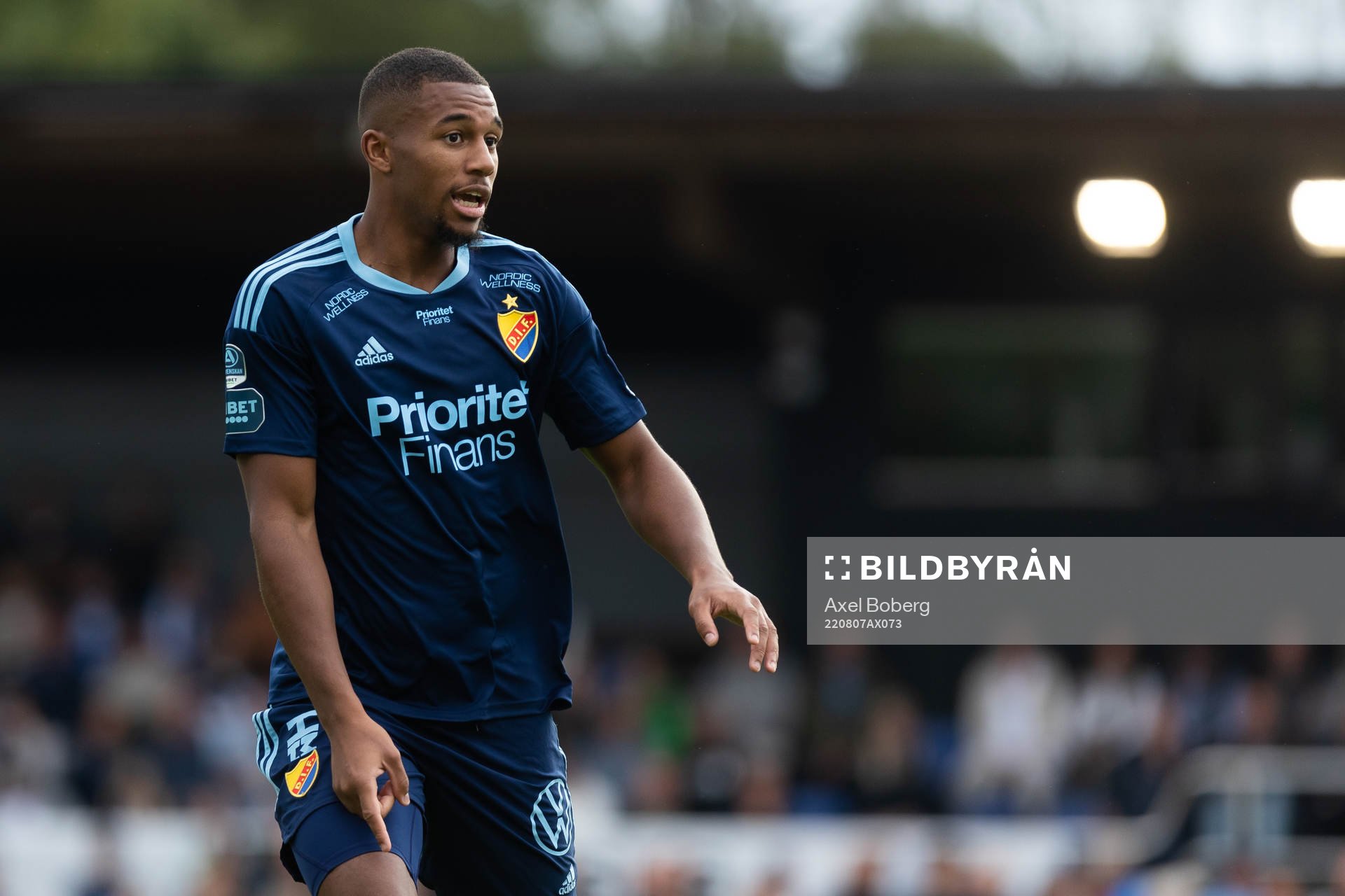 Djurgårdens Emmanuel Banda under fotbollsmatchen i Allsvenskan mellan Värnamo och Djurgården den 7 augusti 2022 i Värnamo. 