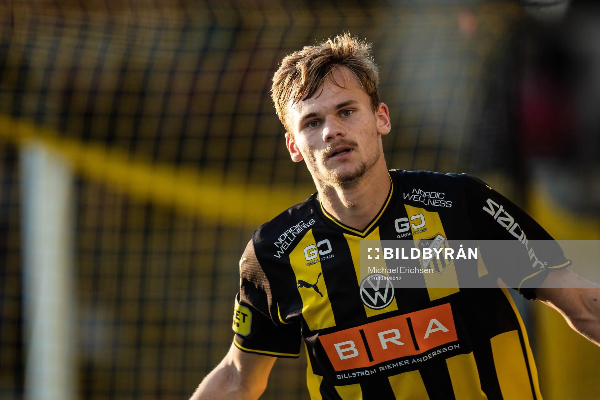 Häckens Oscar Uddenäs jublar efter 2-0 under fotbollsmatchen i Allsvenskan mellan Häcken och Helsingborg den 8 augusti 2022 i Göteborg.