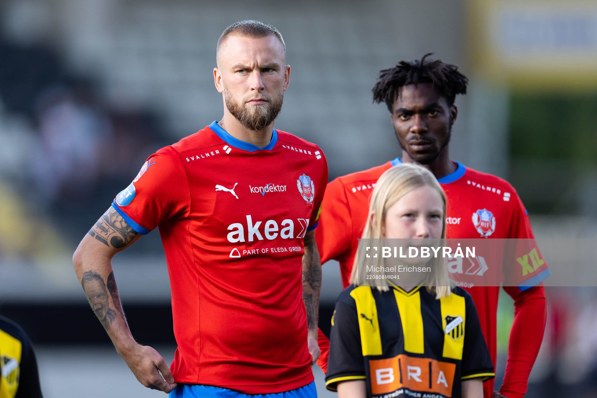 Helsingborgs Alexander Faltsetas på line up innan fotbollsmatchen i Allsvenskan mellan Häcken och Helsingborg den 8 augusti 2022 i Göteborg.