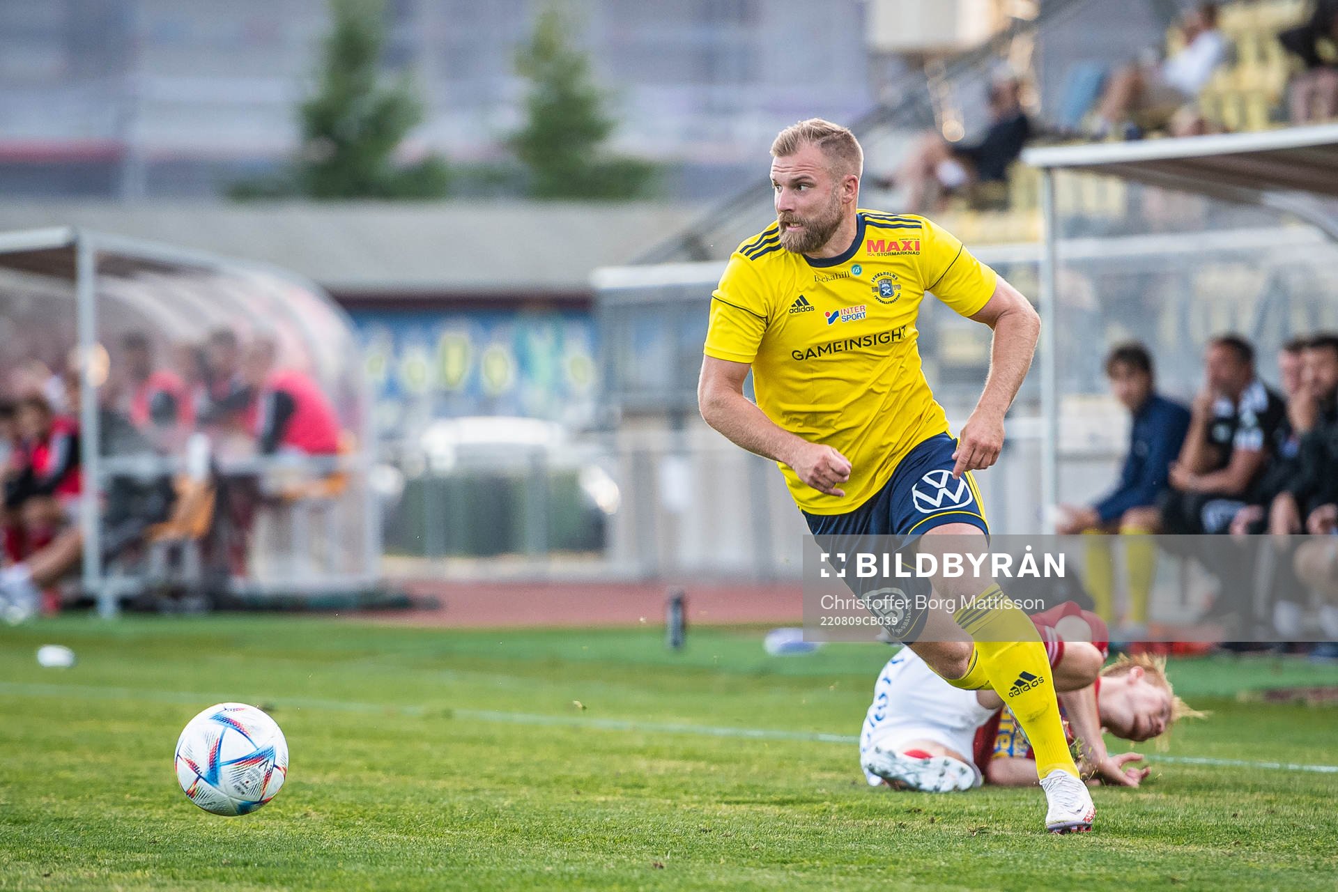 Ängelholms Emil Åberg under fotbollsmatchen i Ettan södra mellan Ängelholm och Falkenberg den 9 augusti 2022 i Ängelholm. 