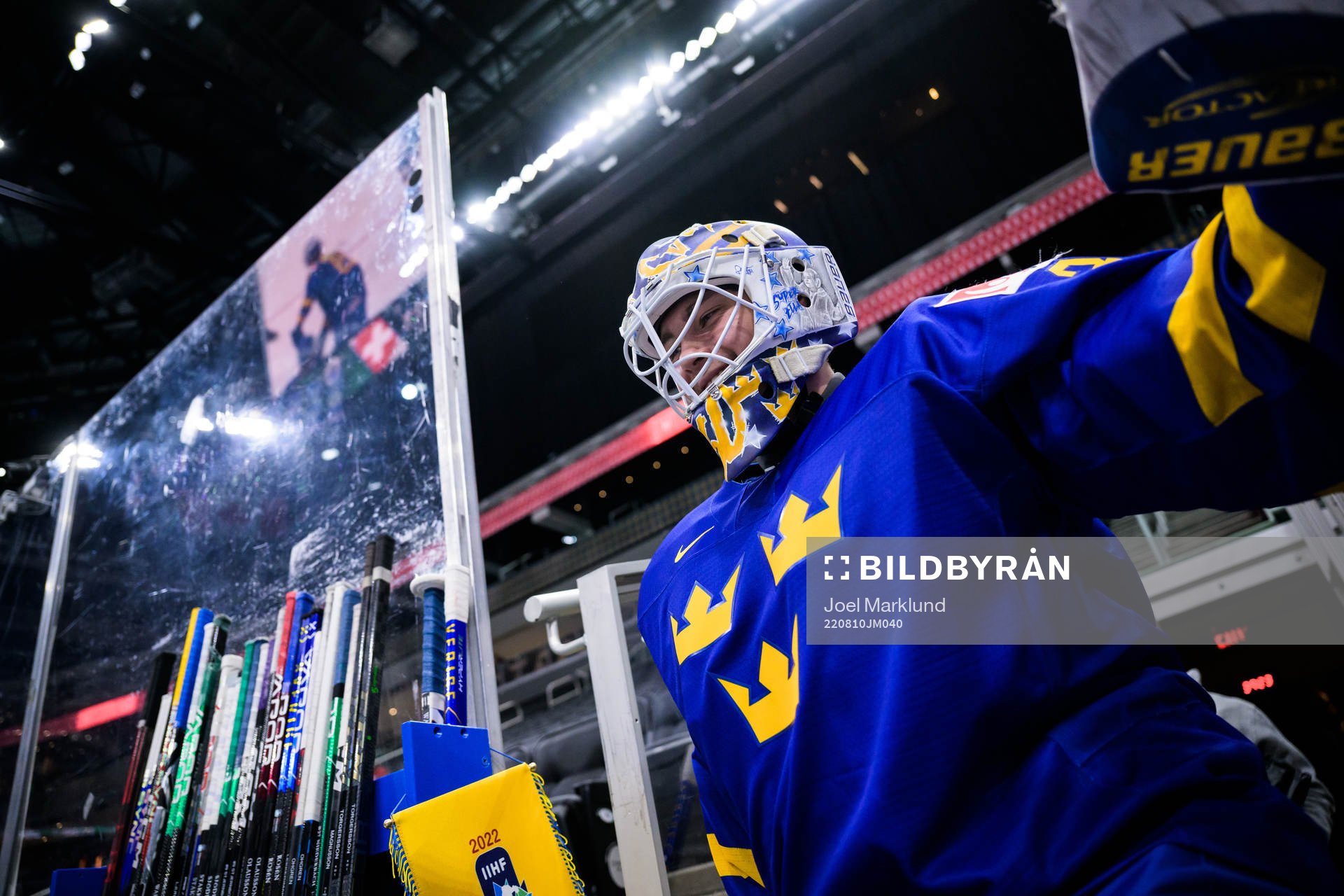 Goaltender Calle Clang of Sweden at warm-up