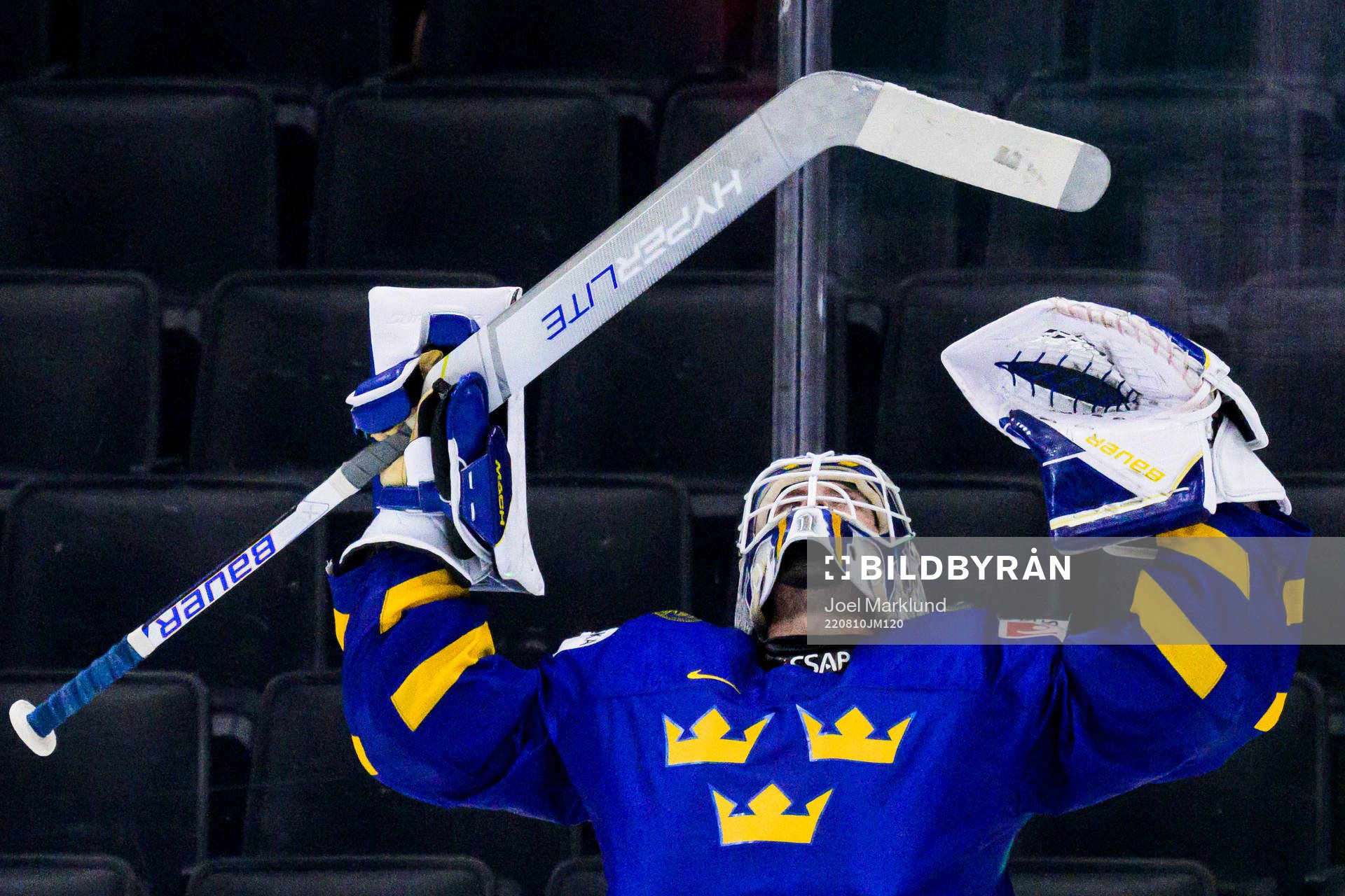 Goaltender Jesper Wallstedt of Sweden celebrates