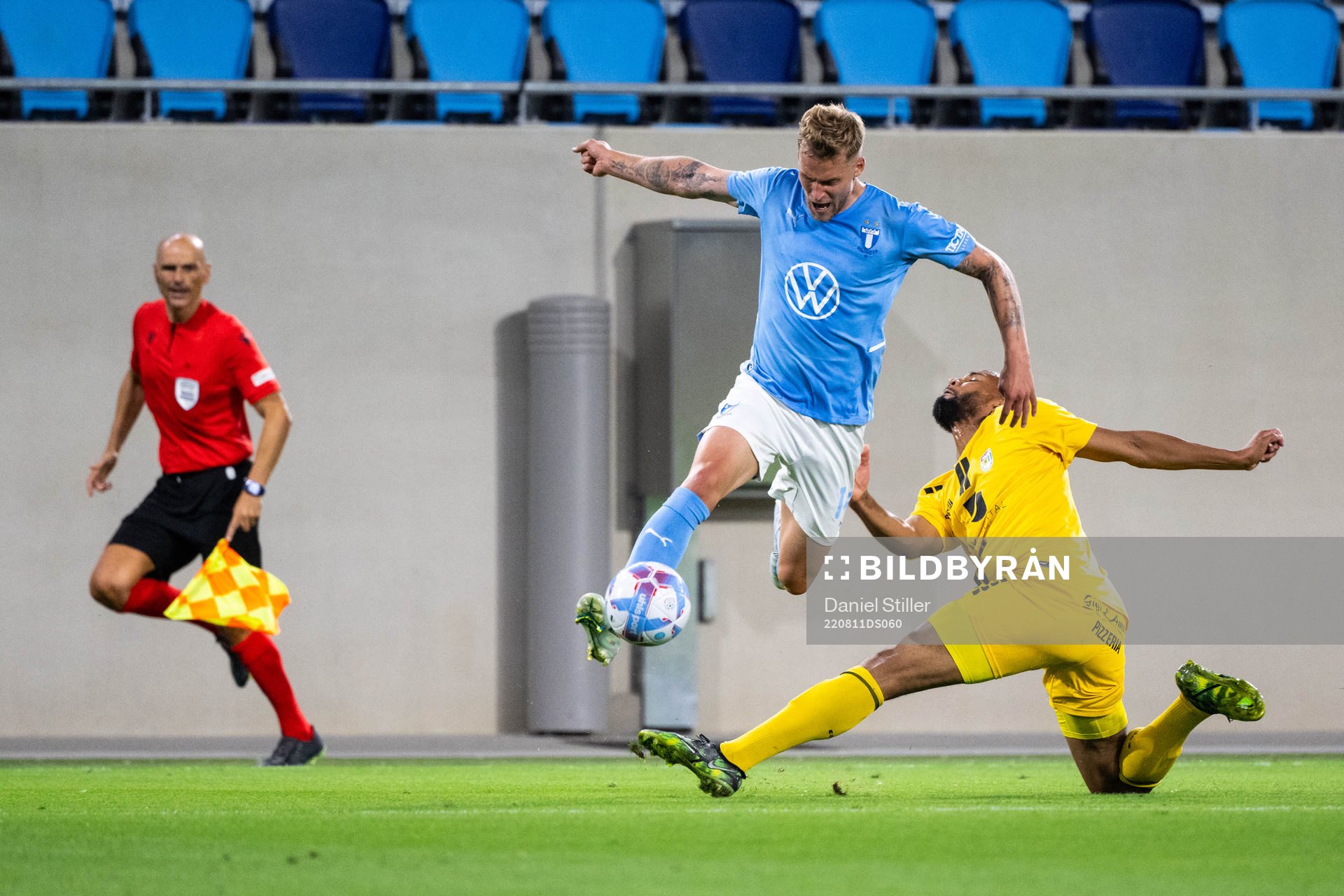 Felix Beijmo of Malmö and Ivan Englaro of Diddeleng during the UEFA Europa League qualification between Diddeleng and Malmö FF on August 11, 2022 in Luxembourg.