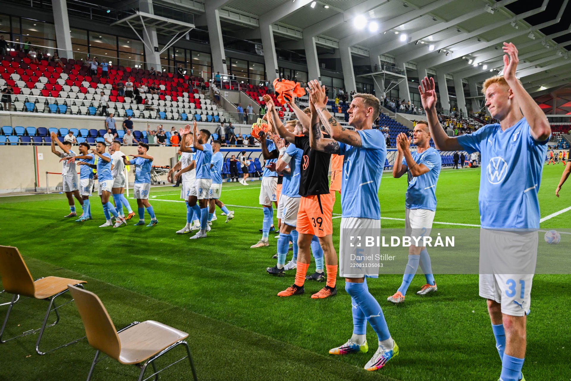 Players of Malmö celebrate after the UEFA Europa League qualification between Diddeleng and Malmö FF on August 11, 2022 in Luxembourg. 
