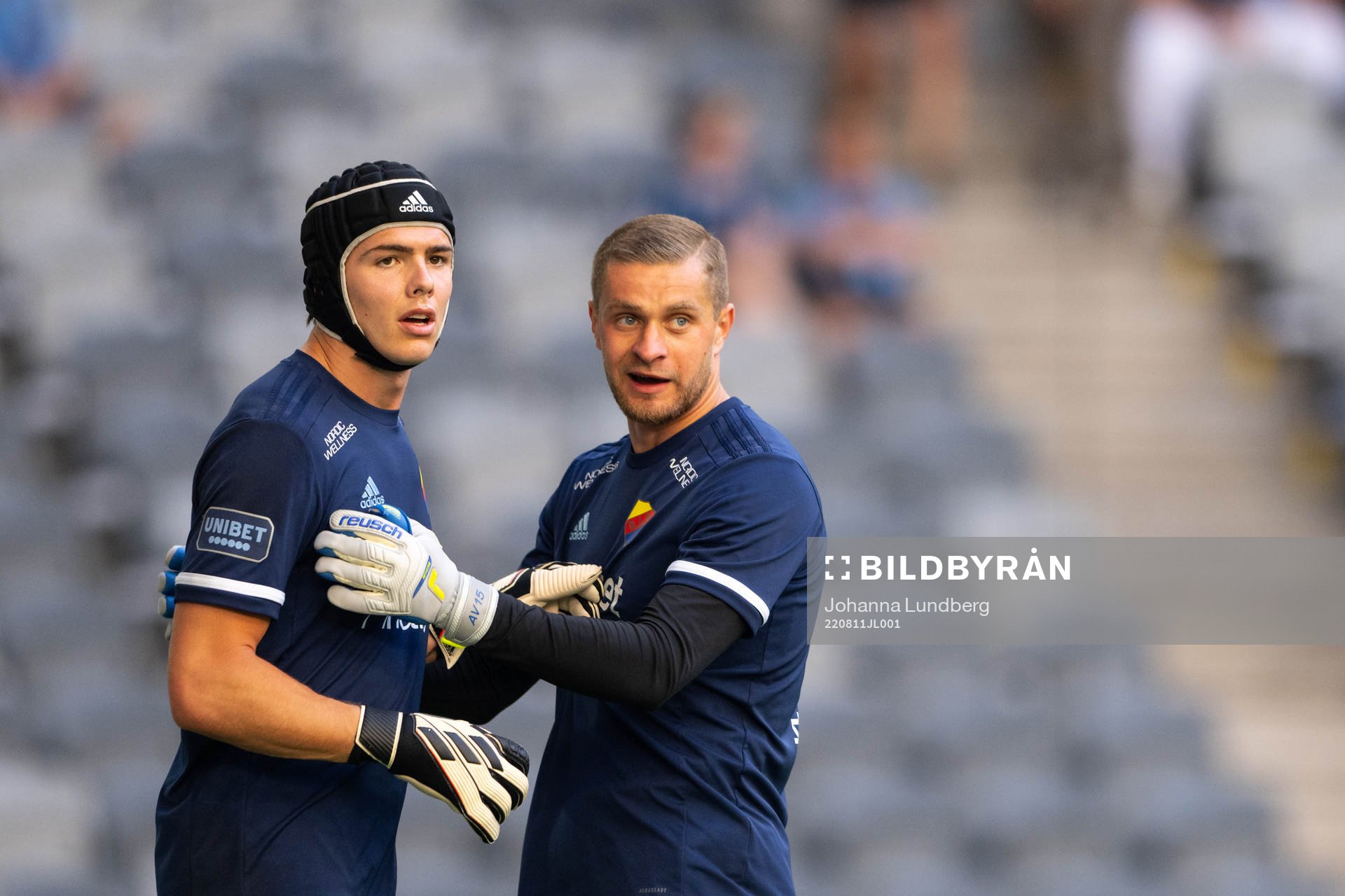 Goalkeeper Jacob Widell Zetterström and goalkeeper Aleksandr Vasyutin of Djurgården ahead of the UEFA Europa Conference League qualifying match between Djurgården and Sepsi on August 11, 2022 in Stockholm.