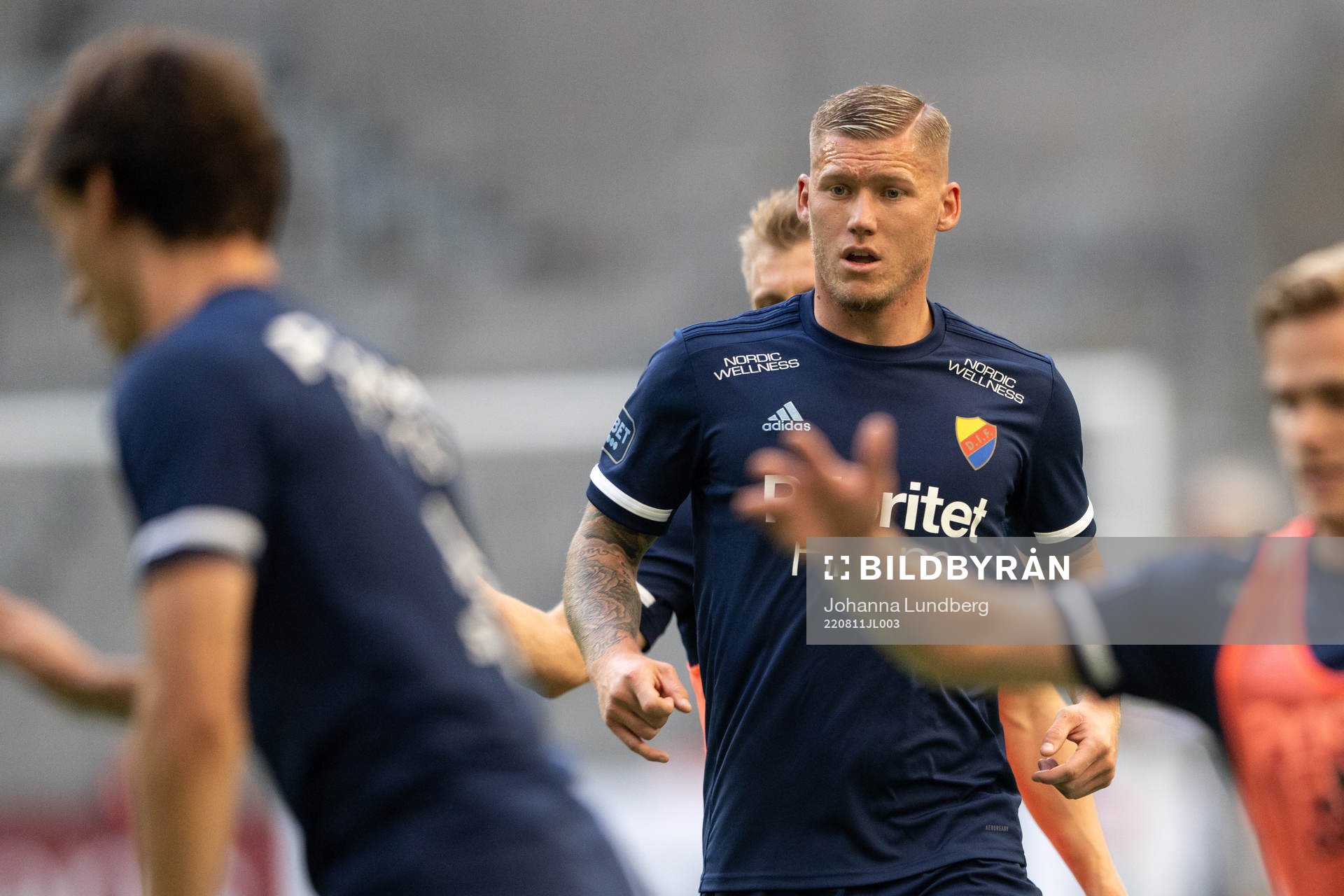 Victor Edvardsen of Djurgården ahead of the UEFA Europa Conference League qualifying match between Djurgården and Sepsi on August 11, 2022 in Stockholm.