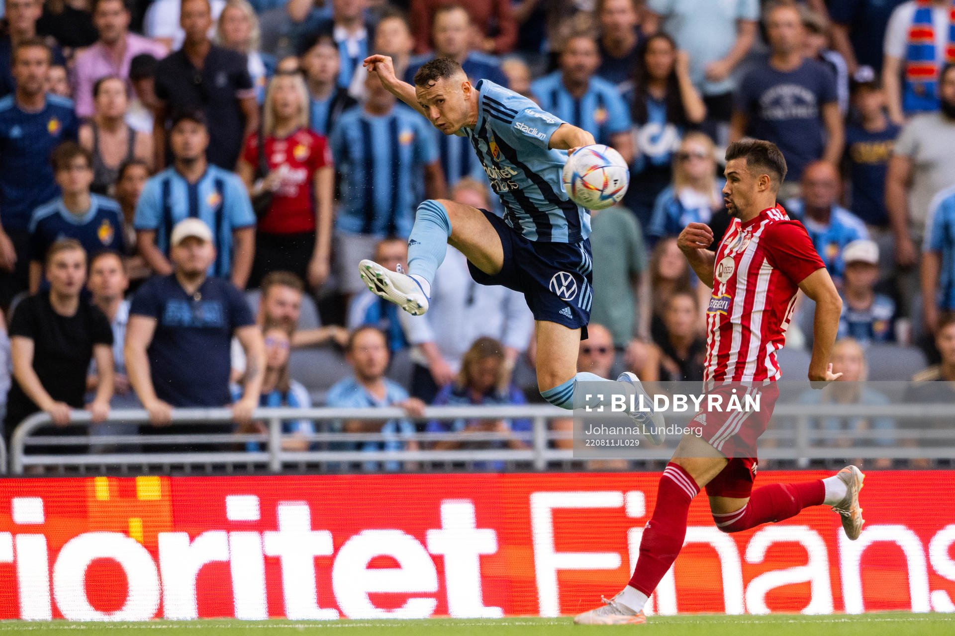 Piotr Johansson of Djurgården during the UEFA Europa Conference League qualifying match between Djurgården and Sepsi on August 11, 2022 in Stockholm.