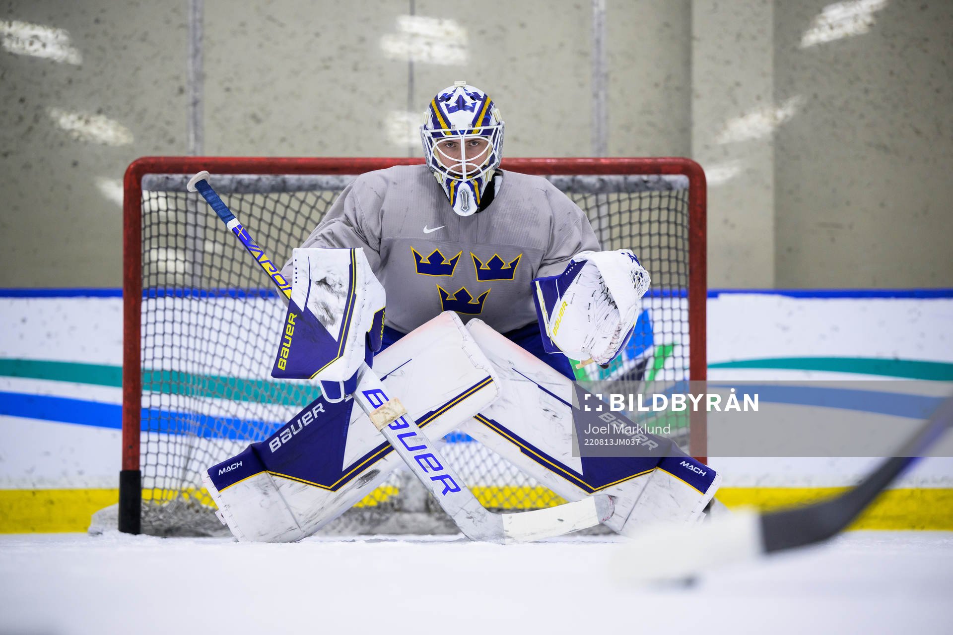 Goaltender Jesper Wallstedt of Sweden at a practice session