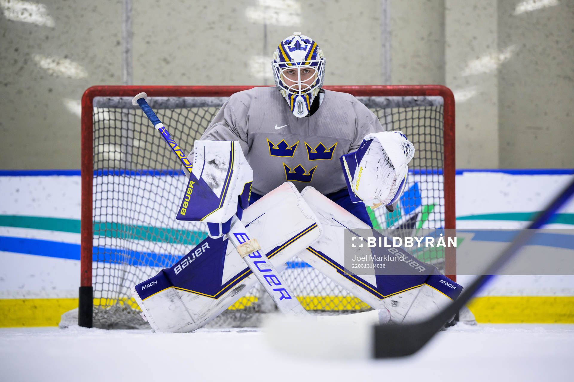 Goaltender Jesper Wallstedt of Sweden at a practice session