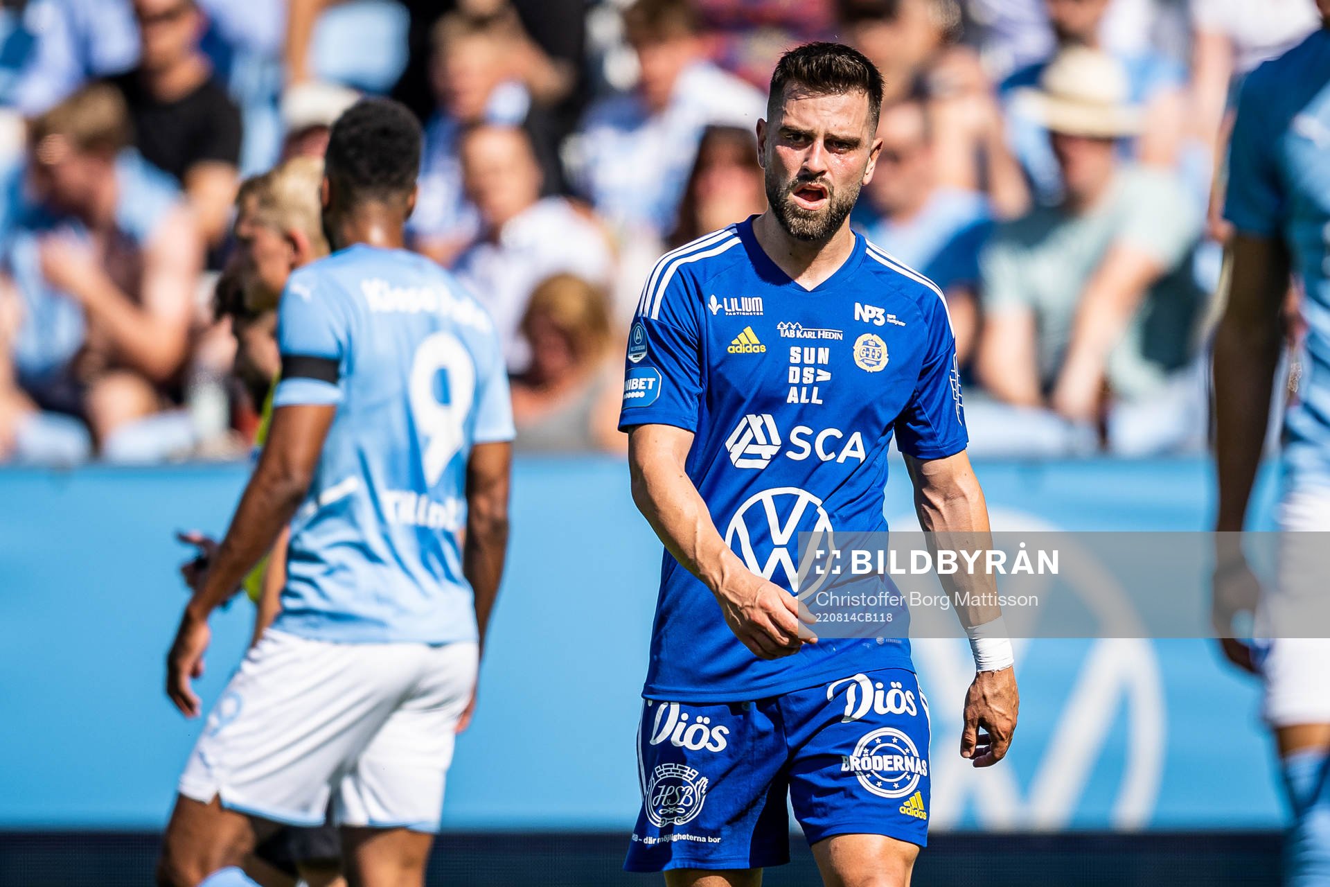 Sundsvalls Peter Makrillos under fotbollsmatchen i Allsvenskan mellan Malmö FF och GIF Sundsvall den 14 augusti 2022 i Malmö.