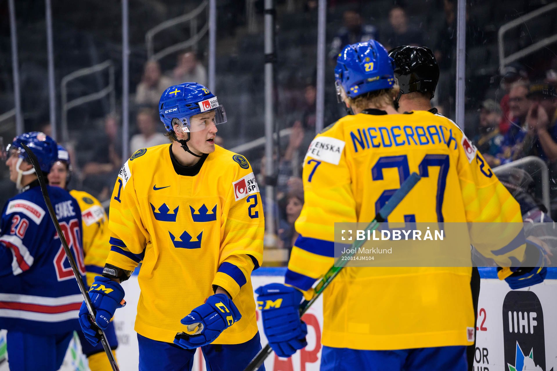 Oskar Olausson of Sweden argues with a linesman