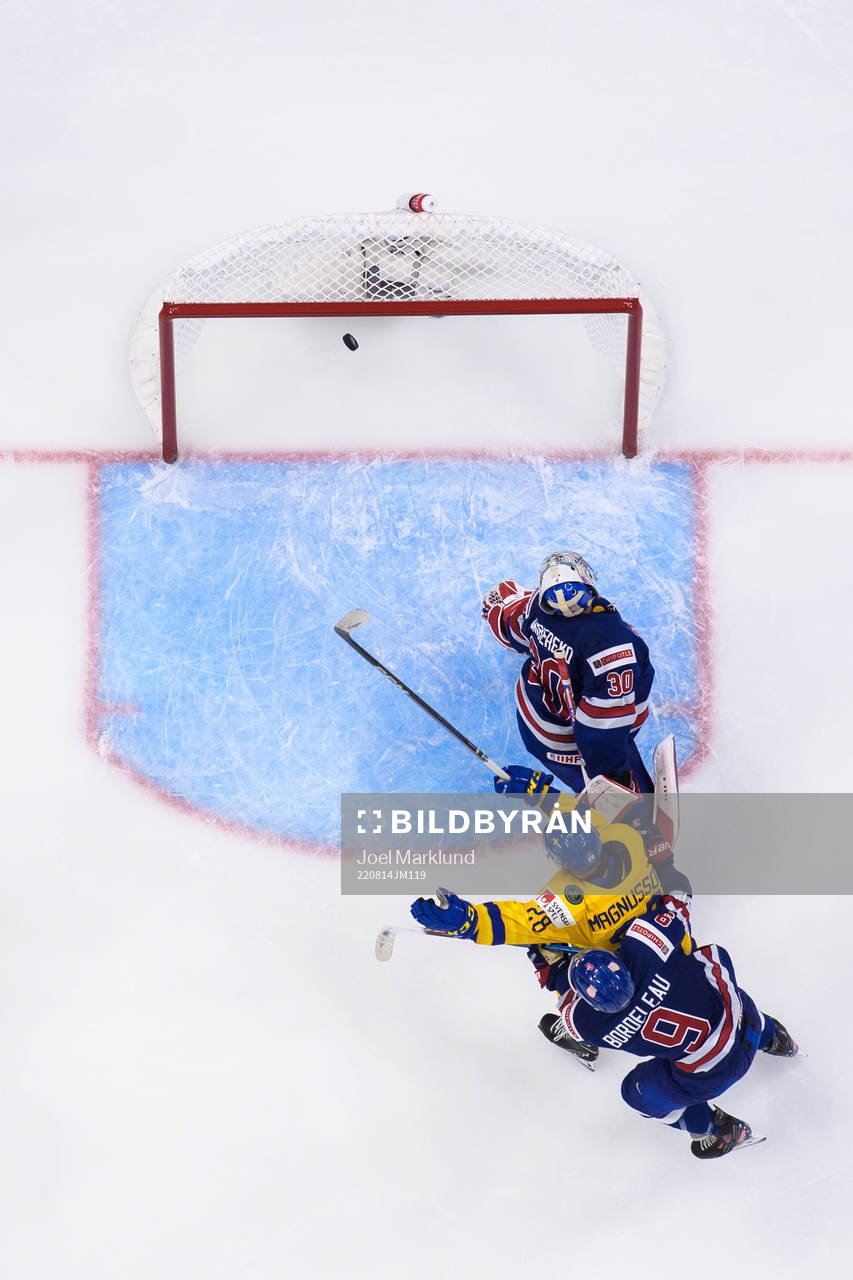 Oskar Magnusson of Sweden celebrates as goaltender Kaidan