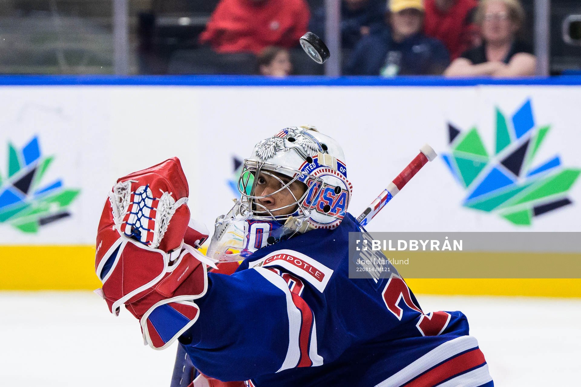Goaltender Kaidan Mbereko of USA lets in the 3-1 goal from