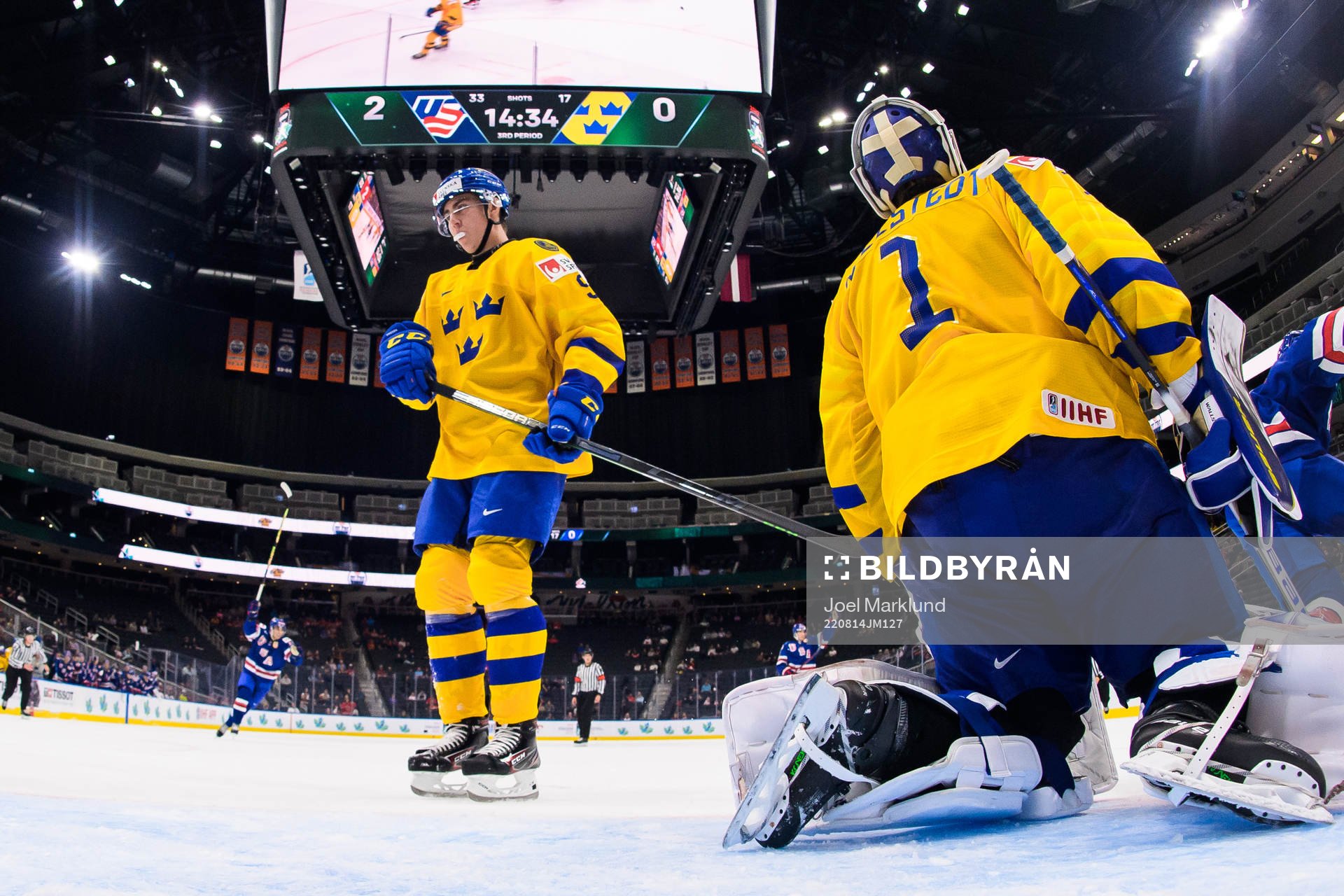 Daniel Ljungman and goaltender Jesper Wallstedt of Sweden
