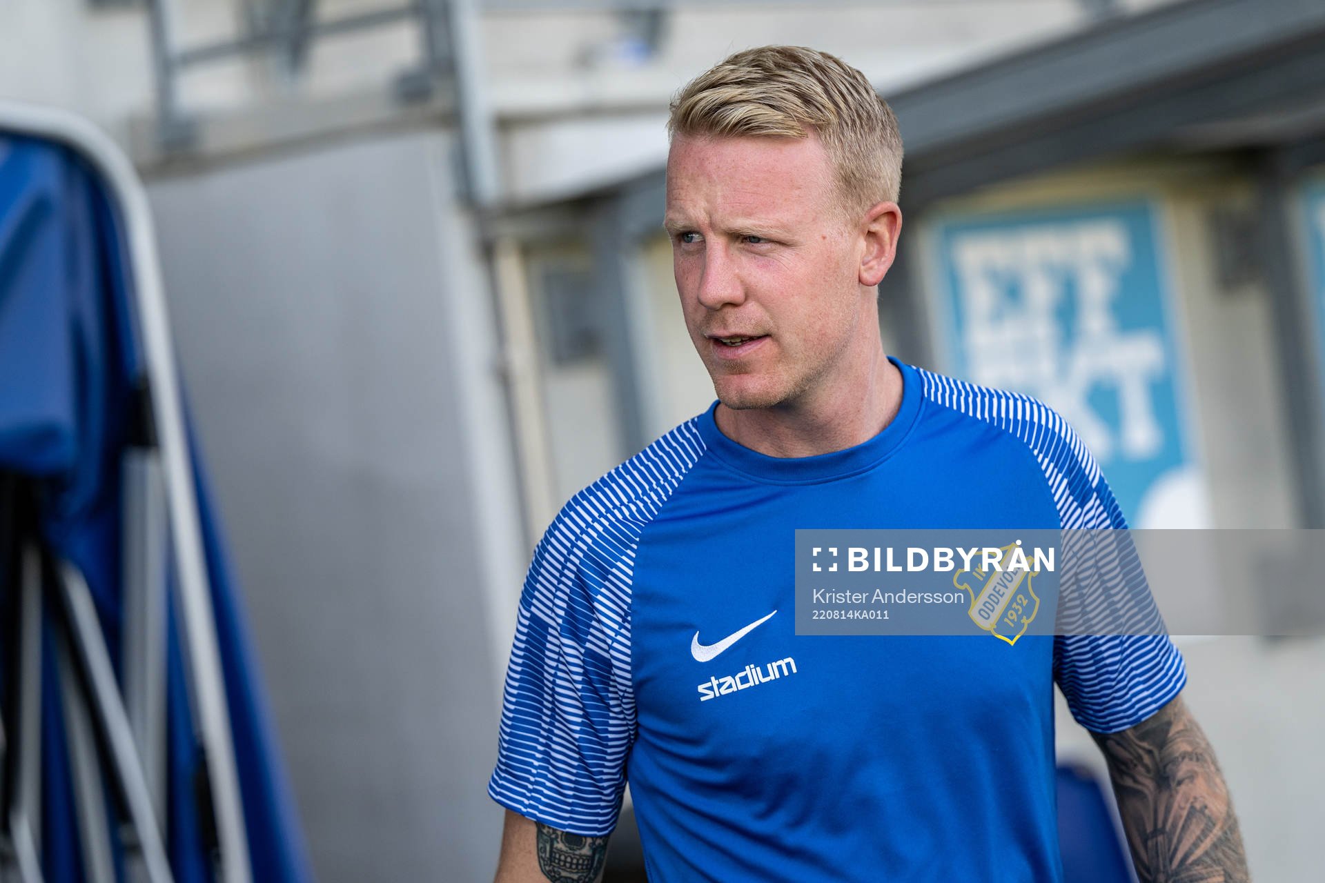 Oddevolds Fredrik Sundström före fotbollsmatchen i Ettan