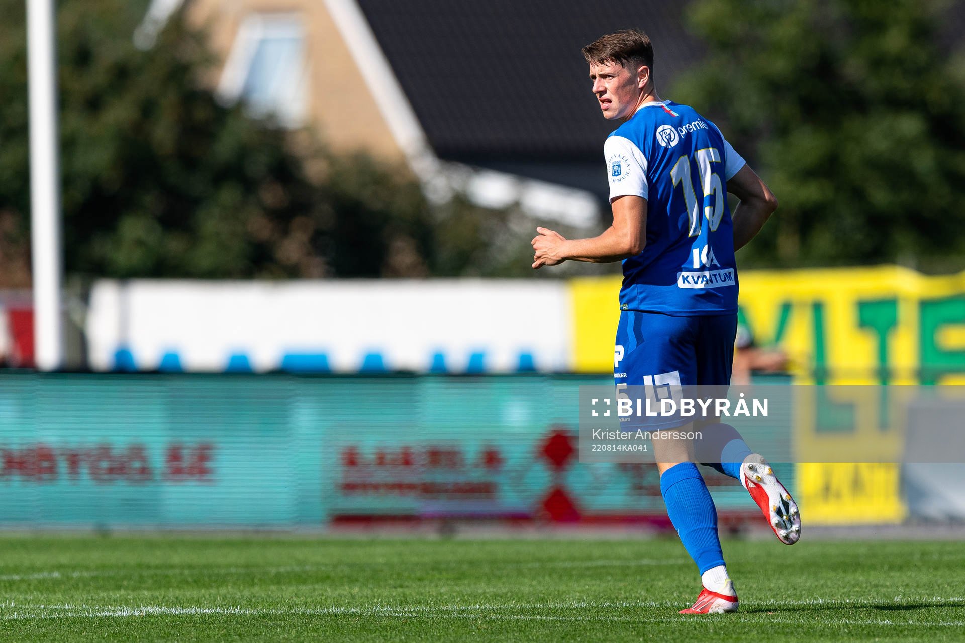 Oddevolds Elliot Stroud under fotbollsmatchen i Ettan södra mellan Falkenberg och Oddevold den 14 augusti 2022 i Falkenberg. 