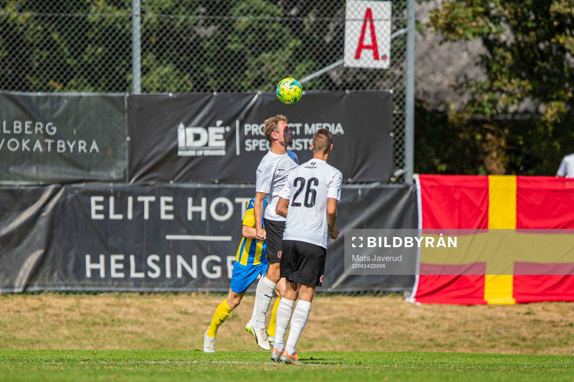 Hittarps Emil Rydström under fotbollsmatchen i Division 2 Västra Götaland mellan Hittarp och Eskilsminne den 14 augusti 2022 i Helsingborg. 