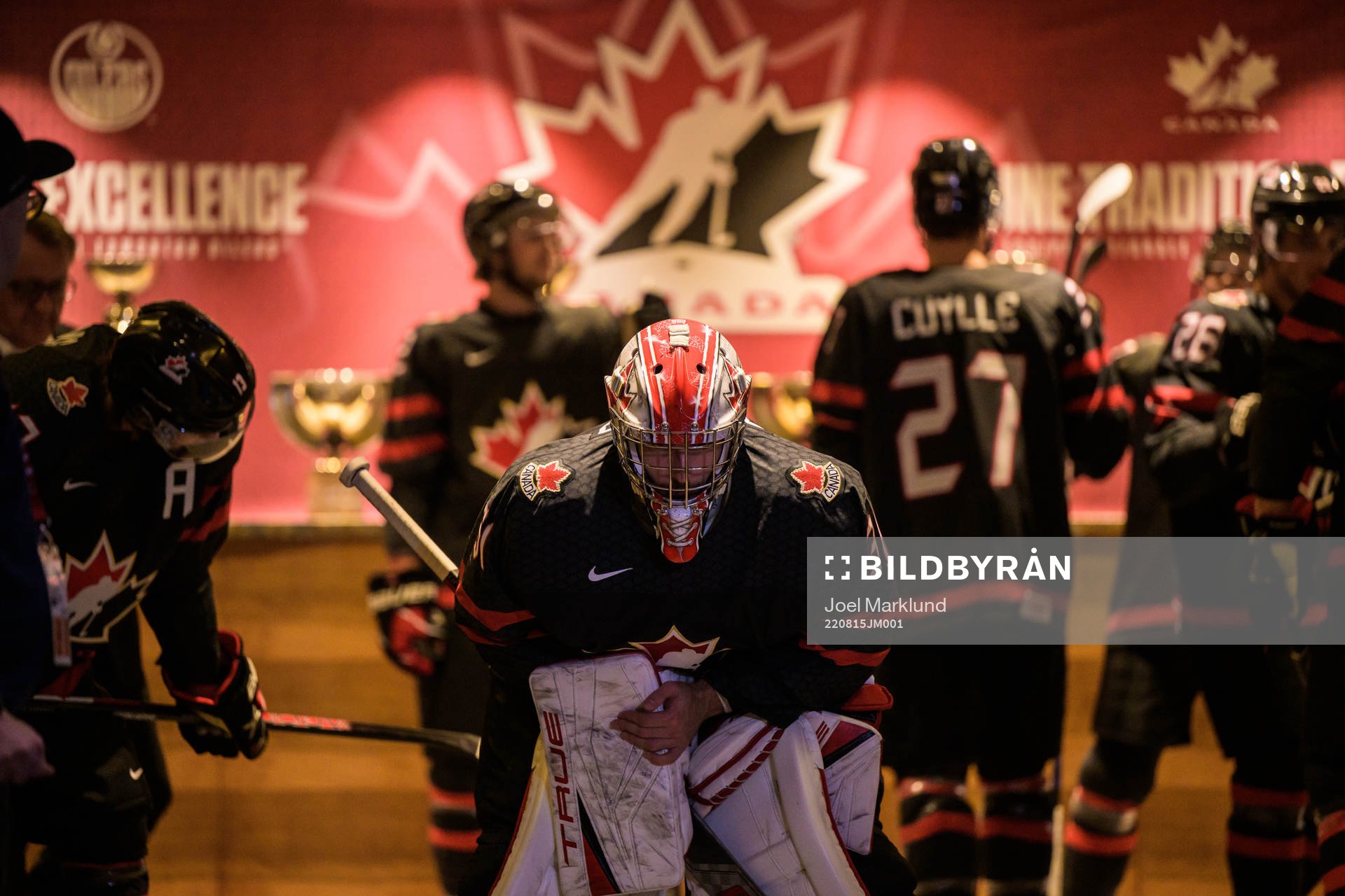 Goaltender Dylan Garand of Canada waits to walk to the ice