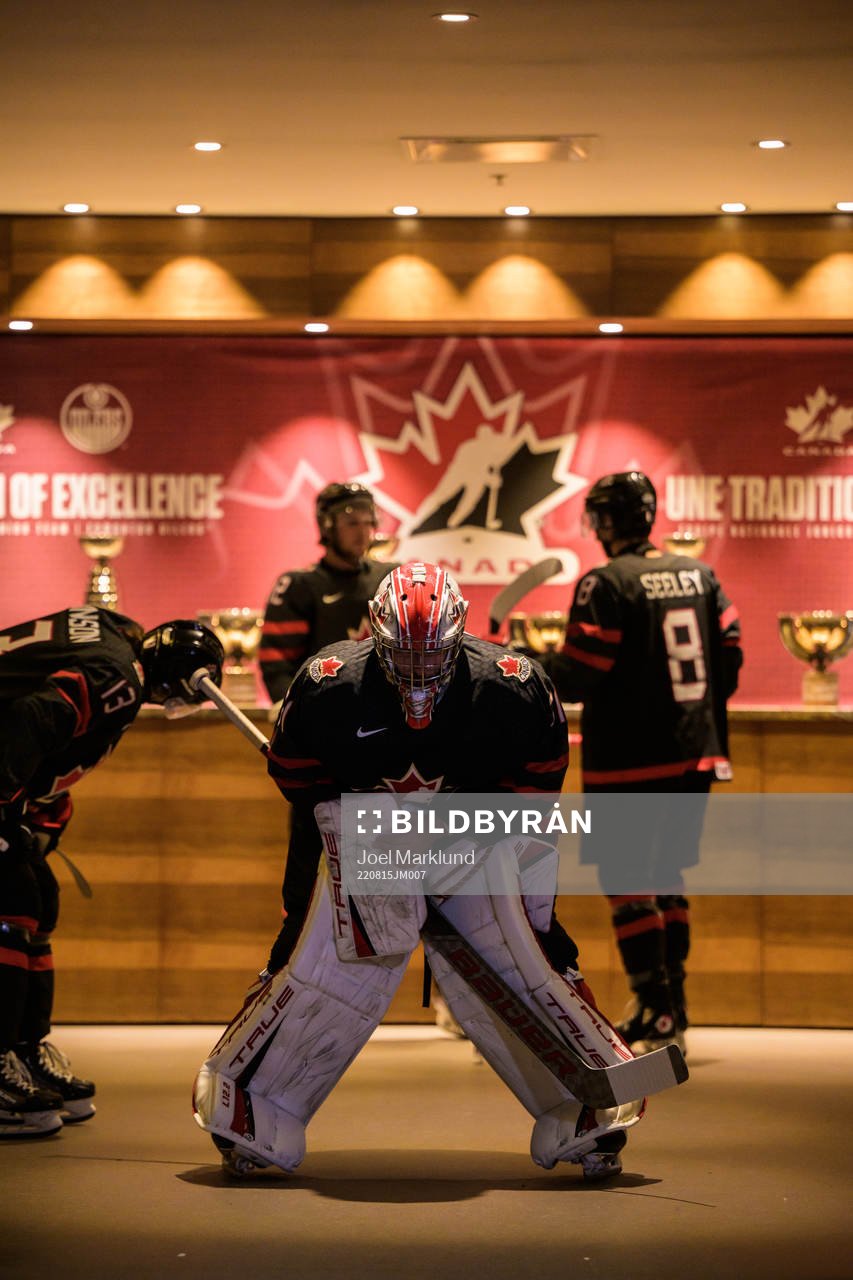 Goaltender Dylan Garand of Canada waits to walk to the ice