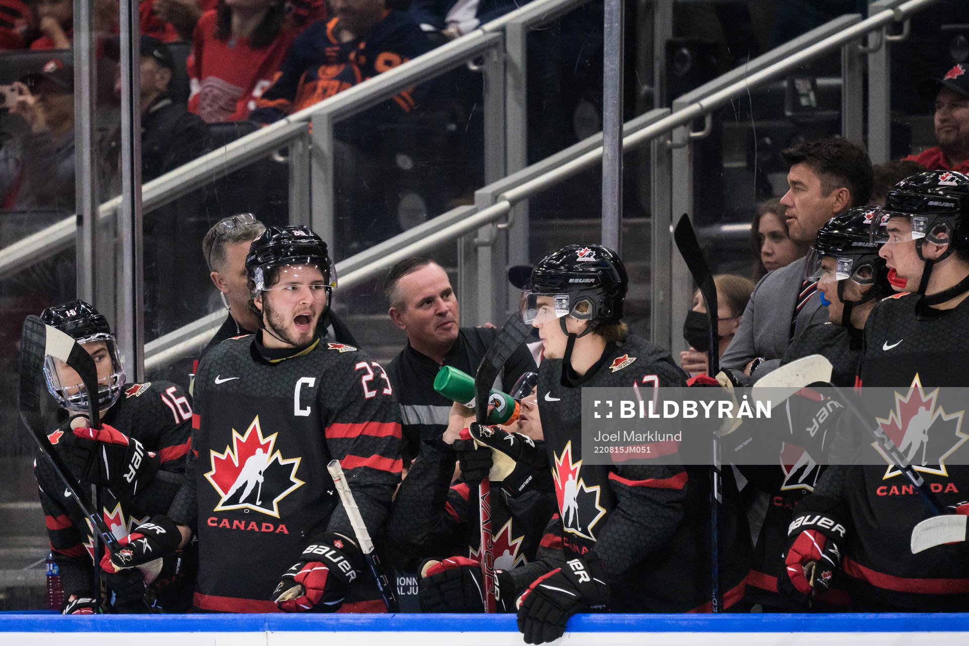 Connor Bedard, Mason McTavish and Ridly Greig of Canada