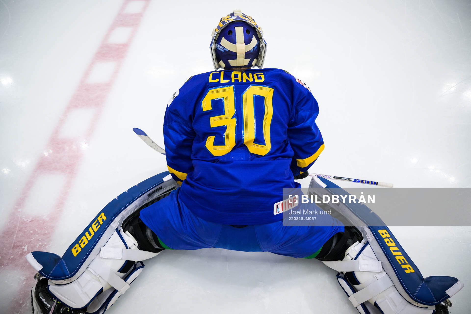 Goaltender Calle Clang of Sweden at warm-up