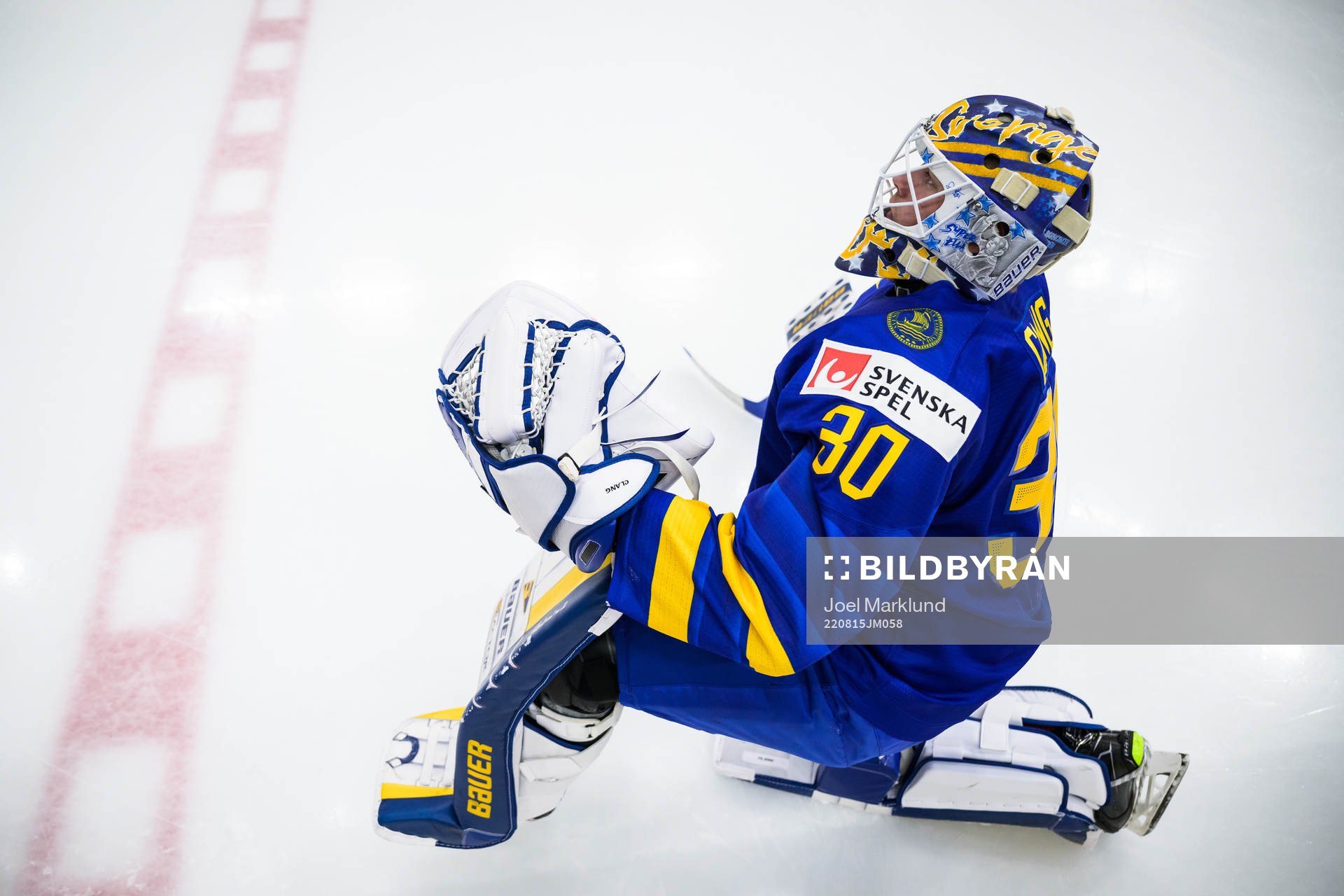 Goaltender Calle Clang of Sweden at warm-up