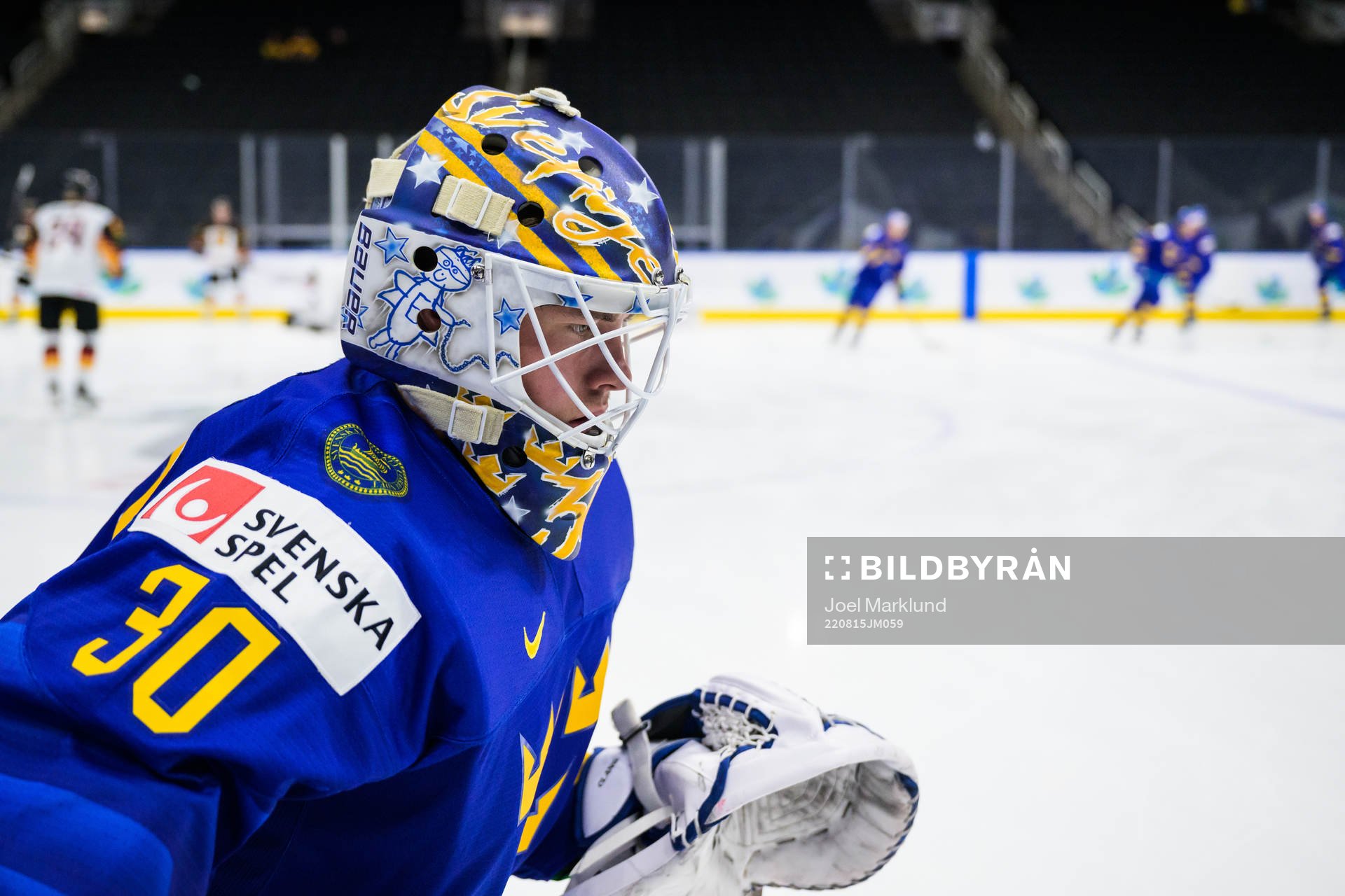 Goaltender Calle Clang of Sweden at warm-up