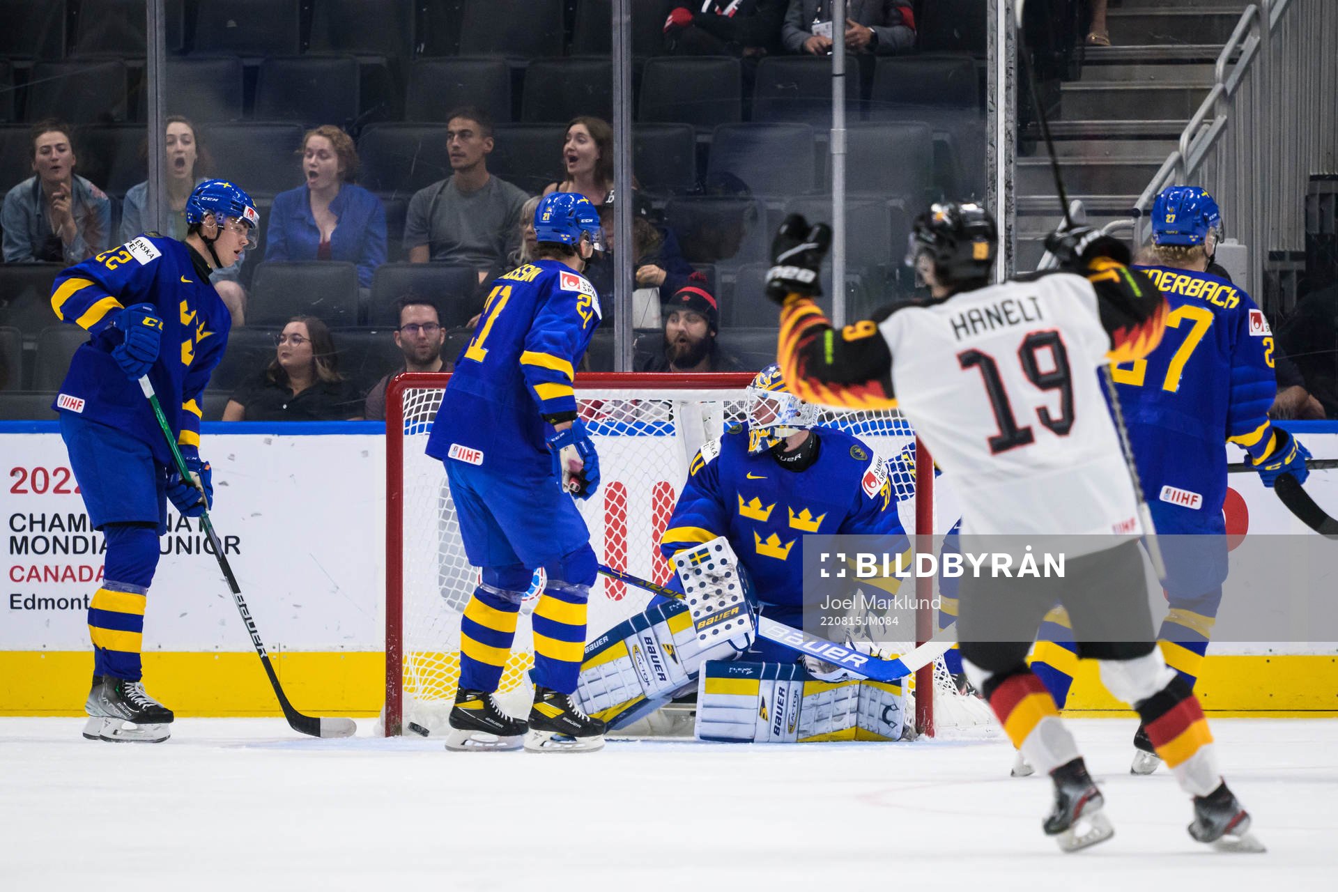 Goaltender Calle Clang of Sweden lets in the 0-1 goal