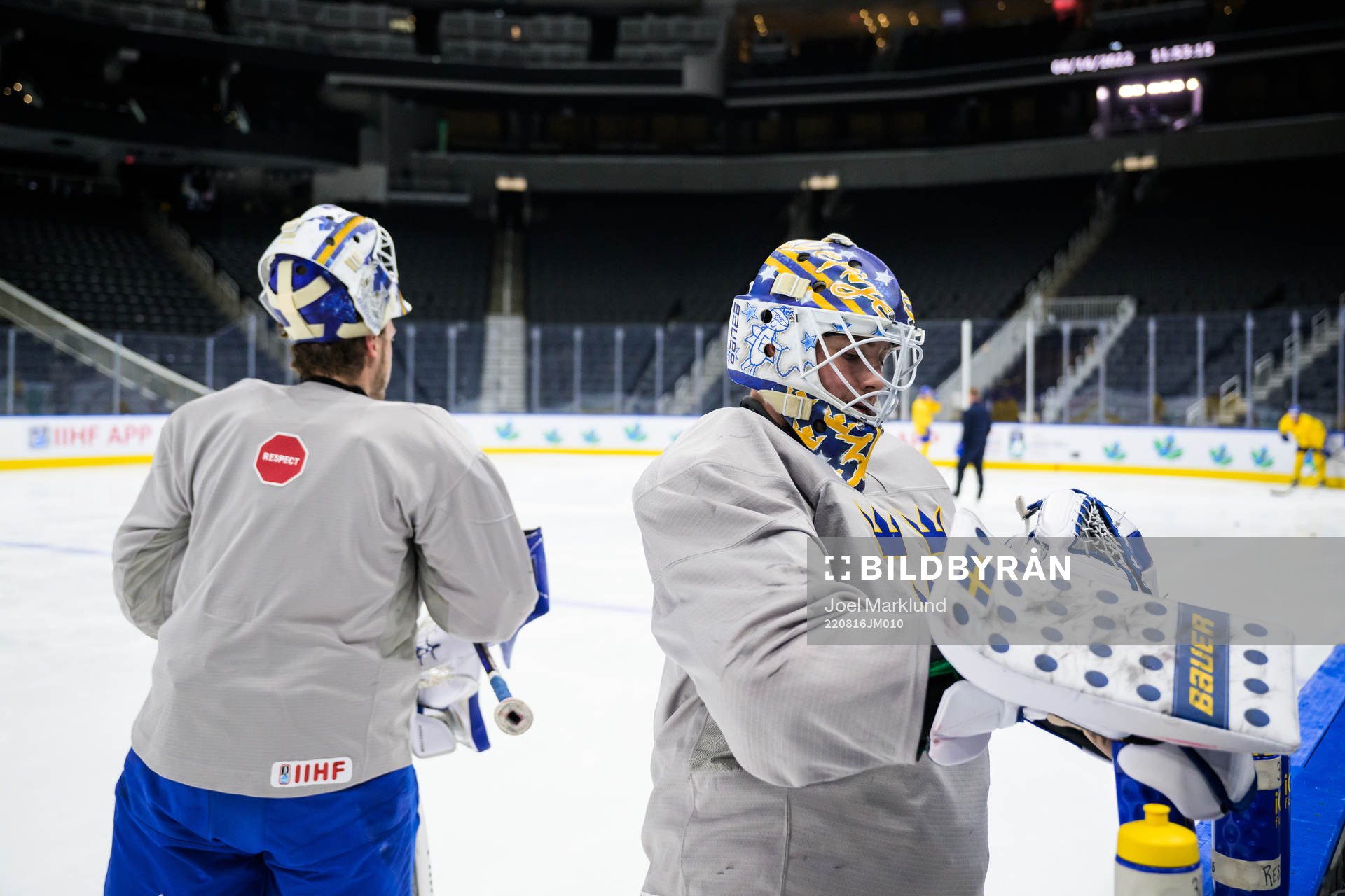 Goaltenders Jesper Wallstedt and Calle Clang of Sweden at a